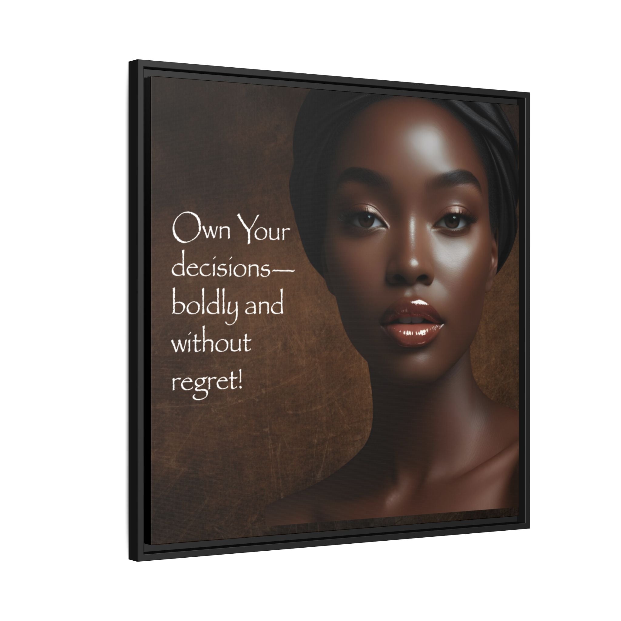 Framed matte canvas wall art with a woman's portrait and motivational quote on a white background.