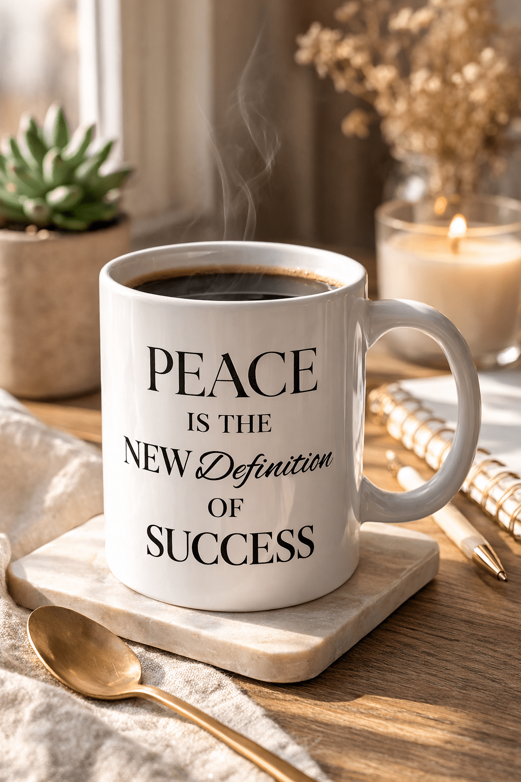 Ceramic coffee mug with "Peace is the new definition of success" quote, inspirational mug in cozy self-care setting with candle and notebook