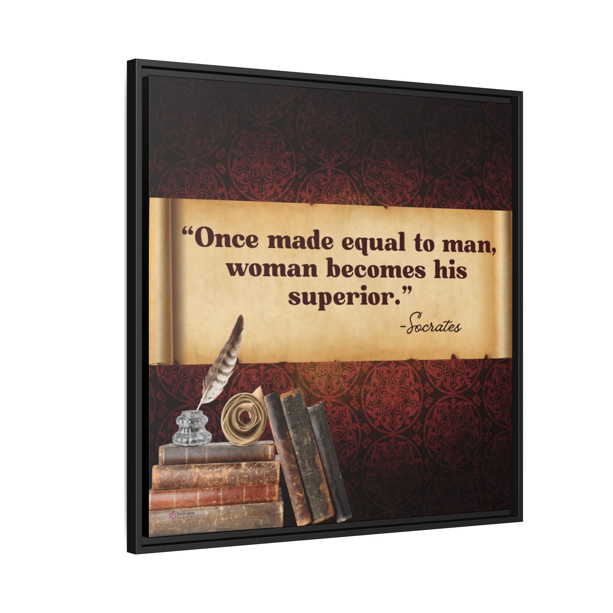 Framed artwork with an inspirational quote by Socrates on a decorative background - Side View. 