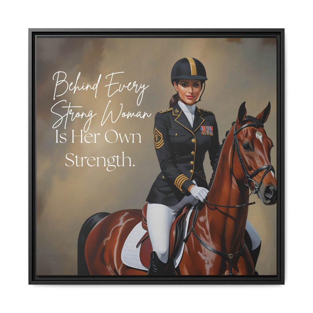 Framed artwork of a woman in equestrian attire on a horse with inspirational quote by Relatable Designs.
