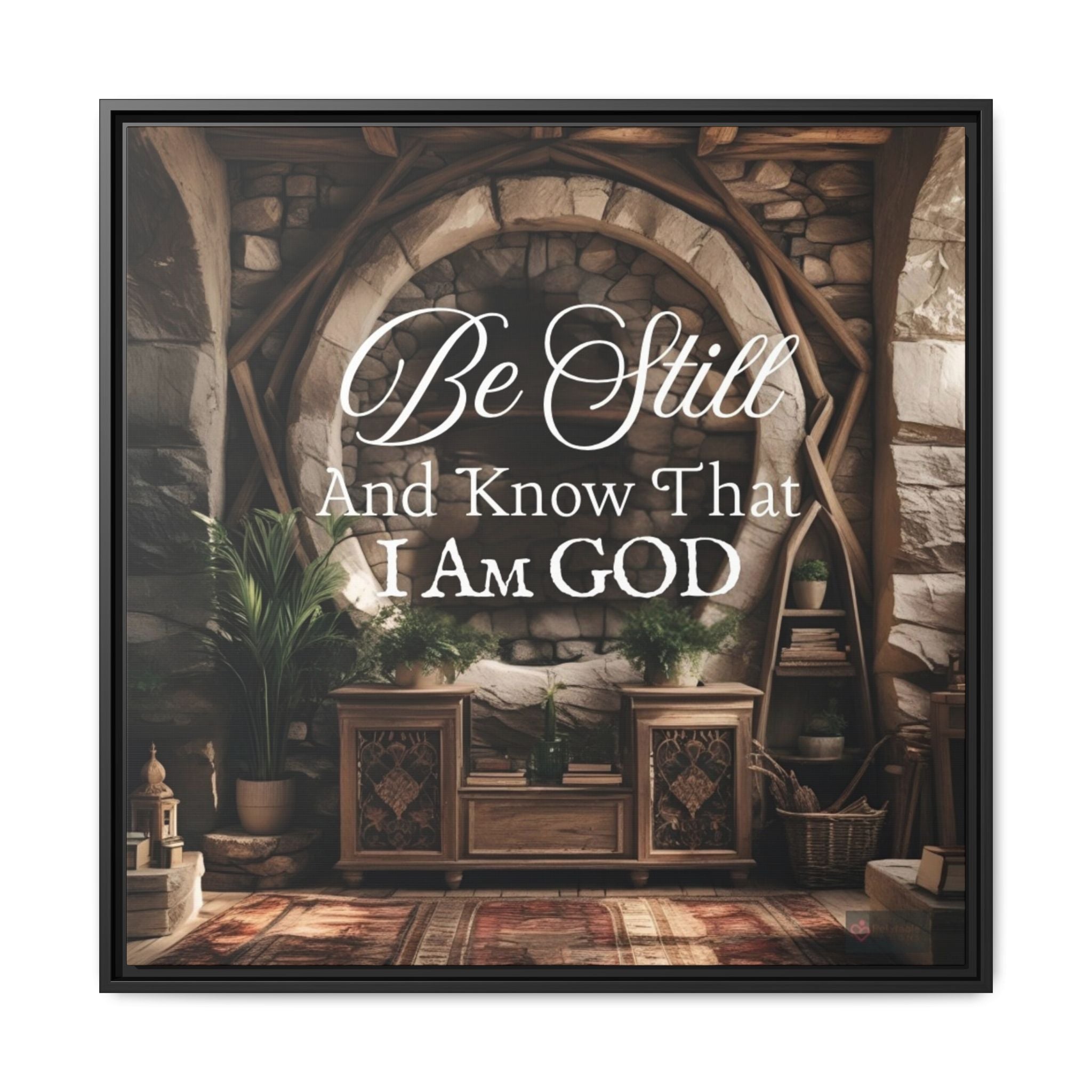 Be Still and Know wall art featuring Psalm 46:10 scripture on warm-toned canvas in a peaceful setting by Relatable Designs