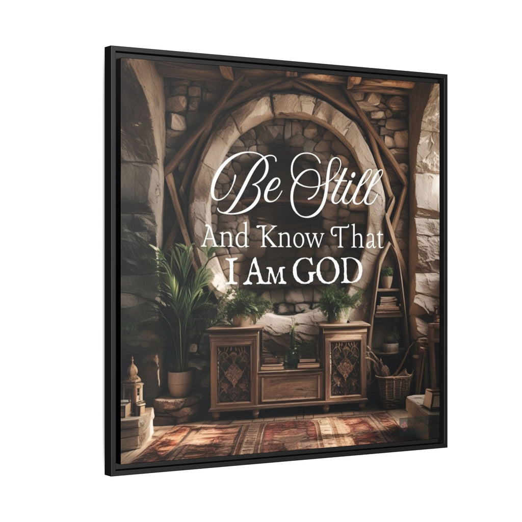 Framed artwork with a rustic interior design and motivational quote 'Be Still And Know That I AM GOD'.