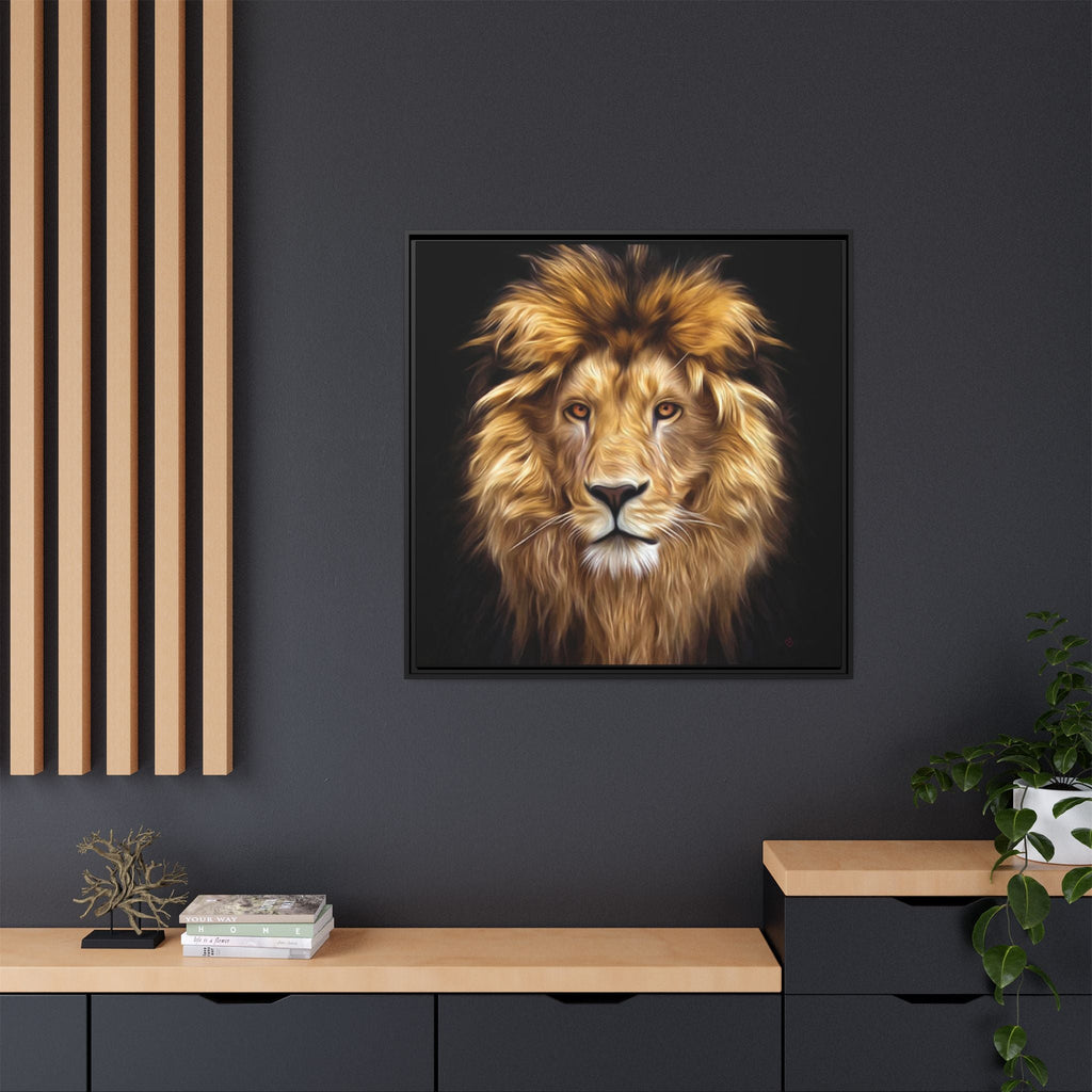 Framed artwork wall decor of a lion's head on a dark wall with wooden furniture and plants.