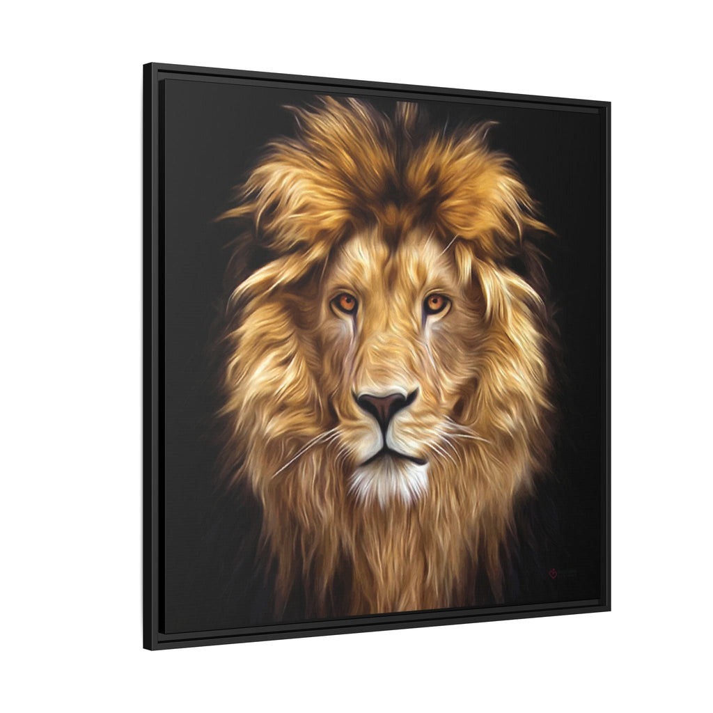 Framed animal artwork of a lion's head on a black background.