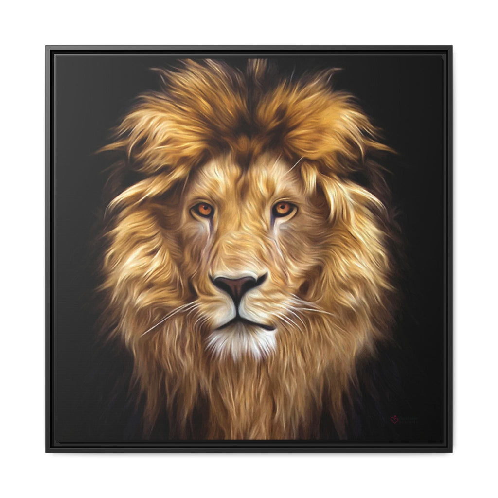 Framed painting of a lion's head on a black background by Relatable Designs.