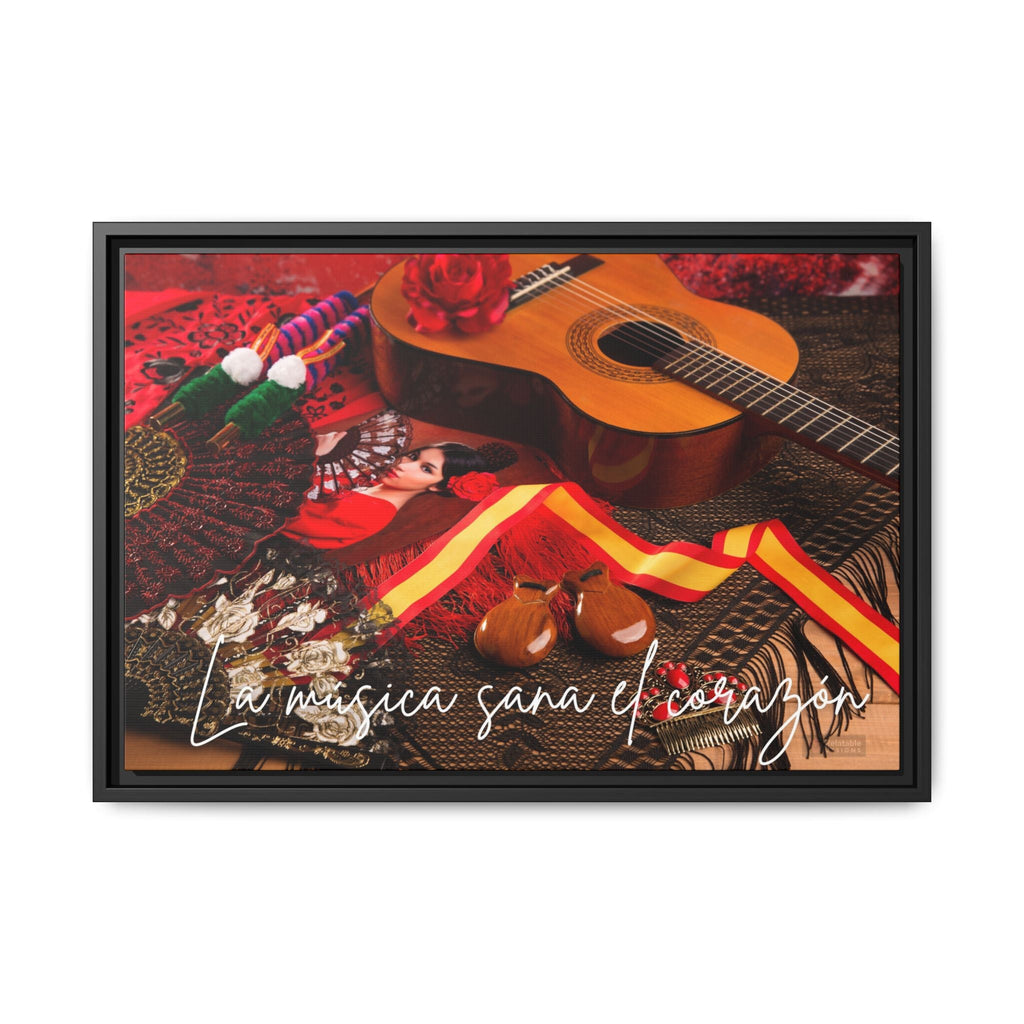 Spanish Canvas Wall Decor “Music Heals The Heart” with guitar and red multi-color decorative items. 
