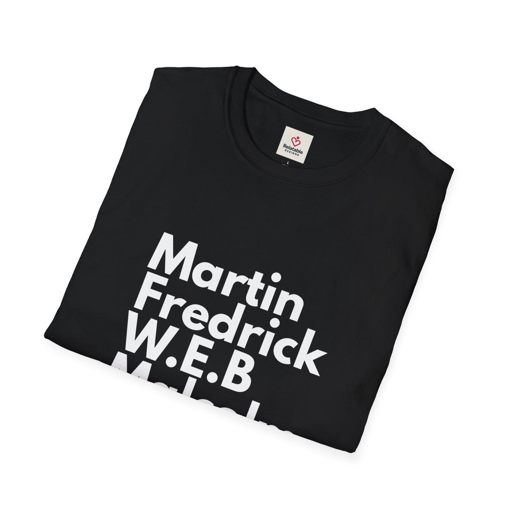 Folded black leaders t-shirt with stacked white text on a white background