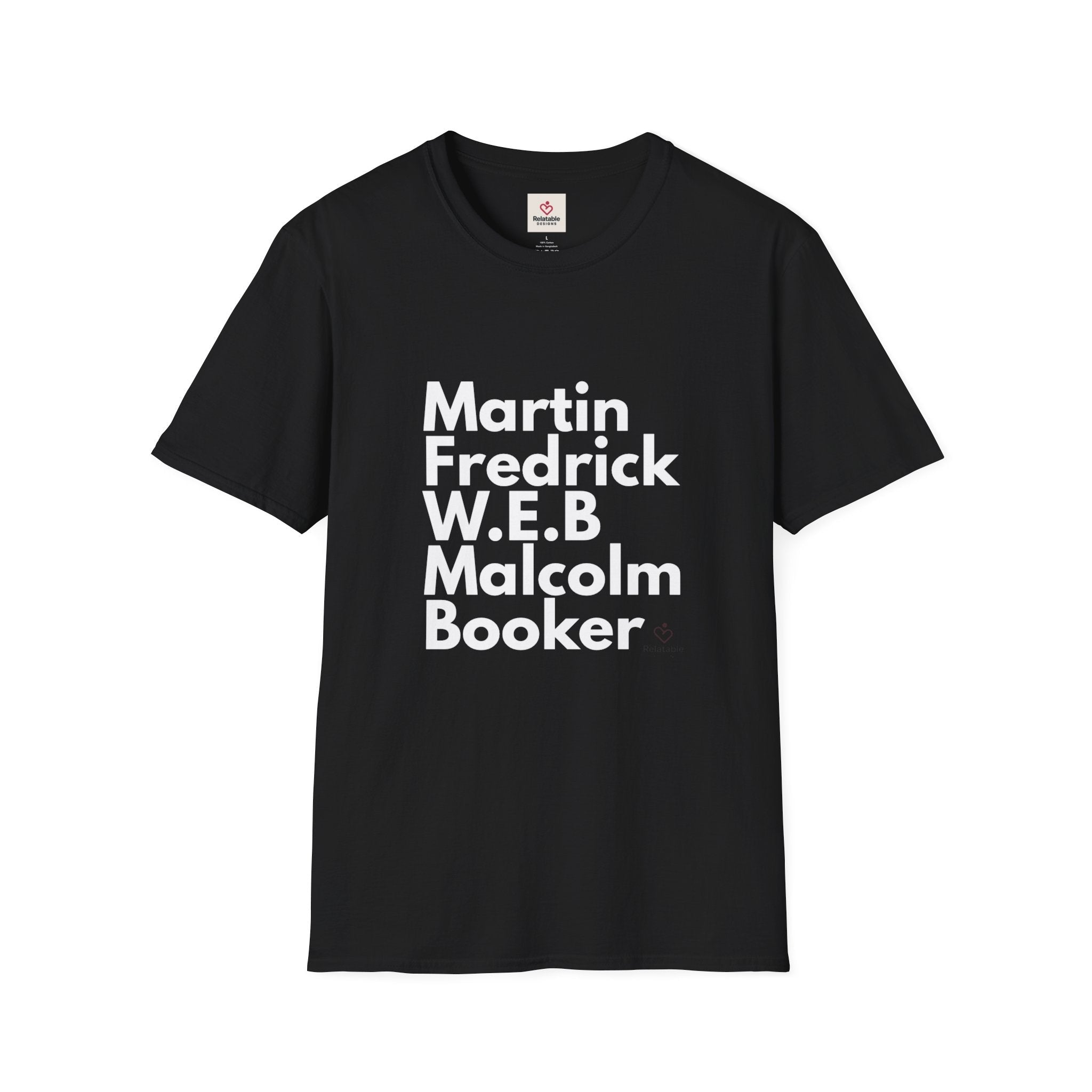 Black t-shirt featuring a stacked list of influential Black leaders' names in white minimalist typography by Relatable Designs.
