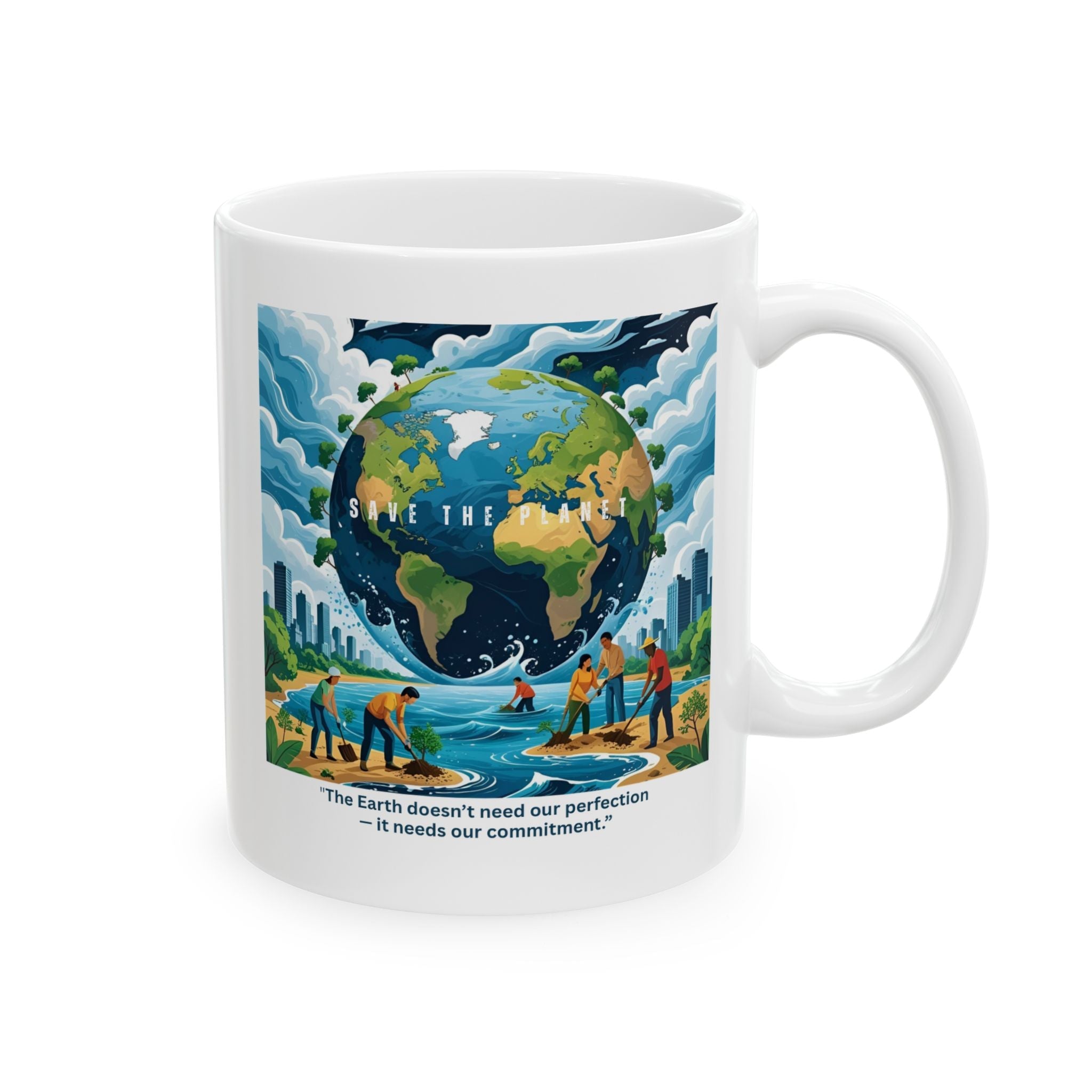 Mug with an illustration of the Earth and people caring for the environment on a white background by Relatable Designs
