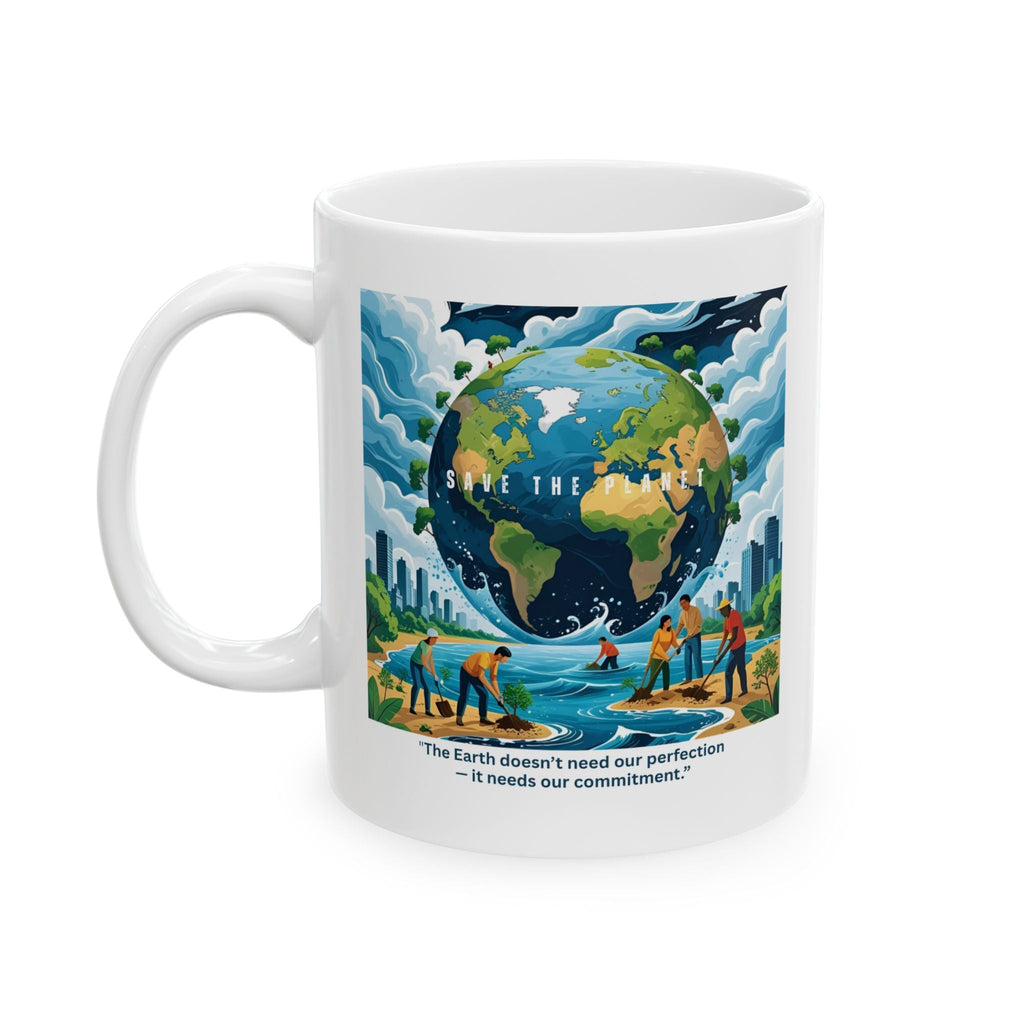 Eco-friendly ceramic mug with an illustration of the Earth and people working together, with text 'Save the Earth'.