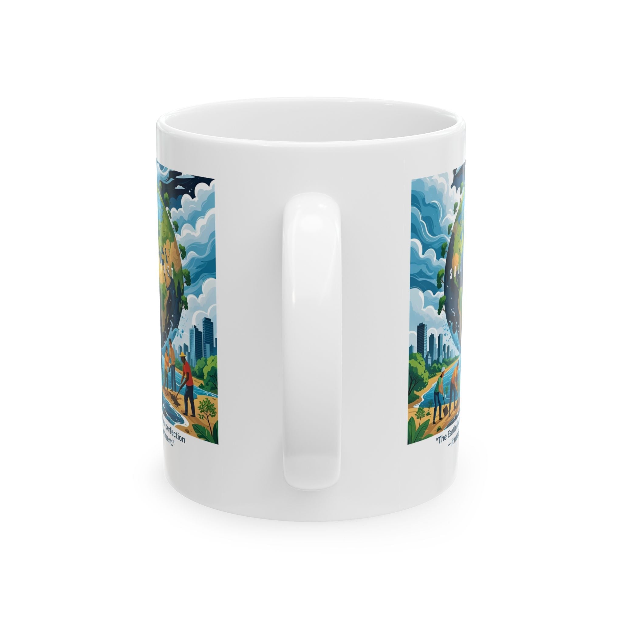 White mug with colorful sustainability inspired graphic design on a white background - Side view