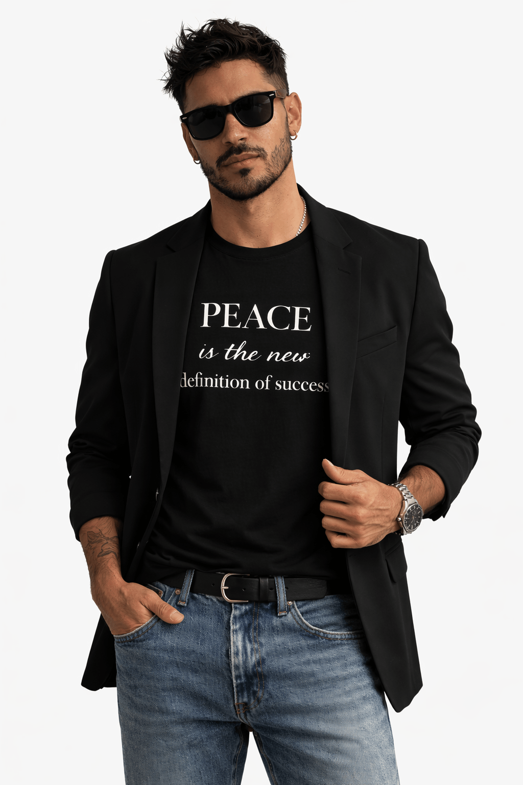 Relatable Designs black graphic t-shirt "Peace is the New Definition of Success" men's modern outfit styling lifestyle mock-up