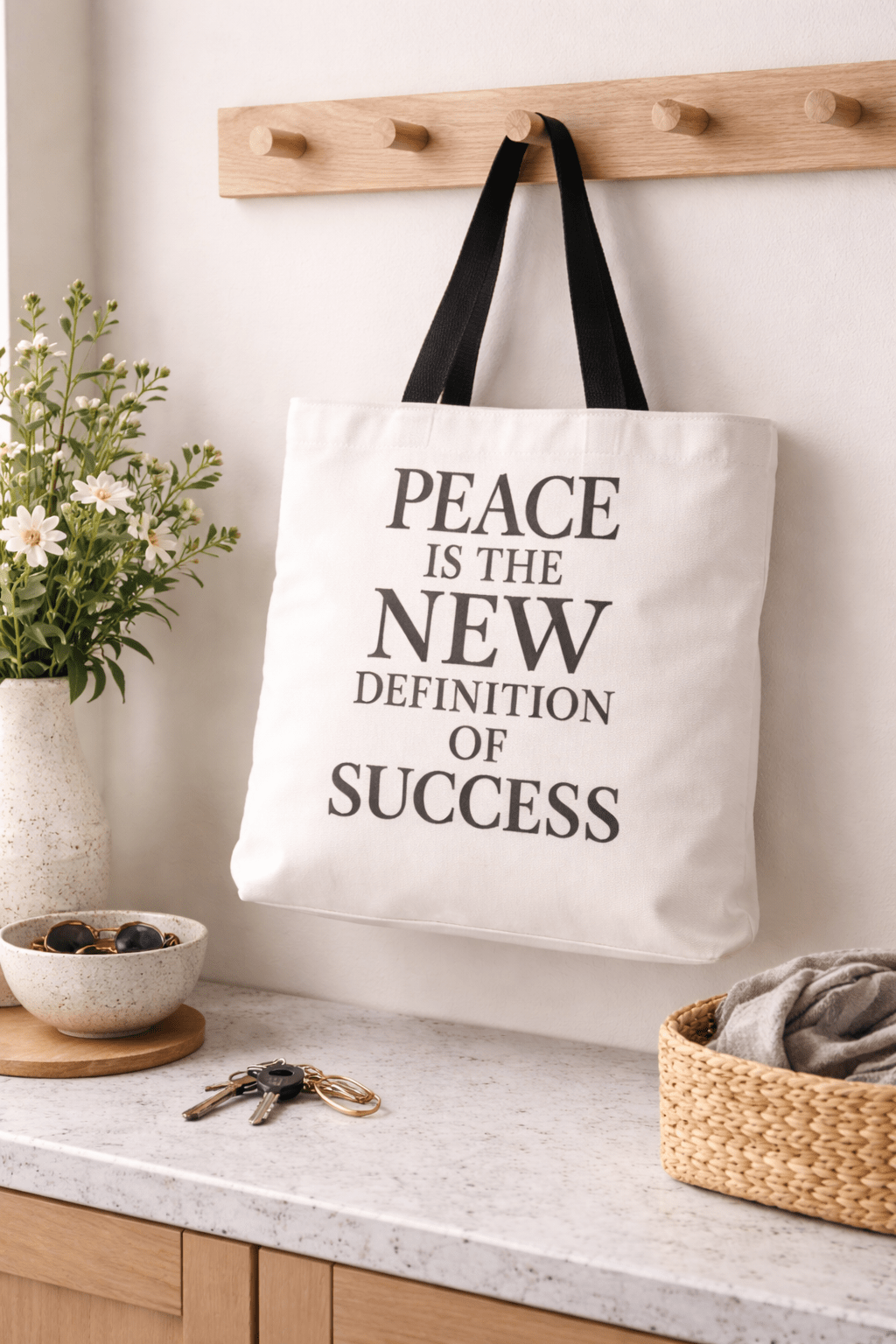 White tote bag with 'Peace is the New Definition of Success' text on a kitchen counter.