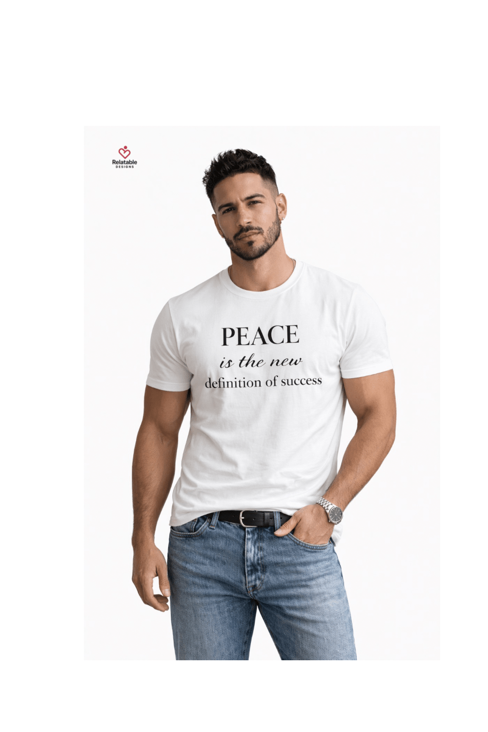 Man wearing a white t-shirt with 'PEACE is the new definition of success' text on a white background