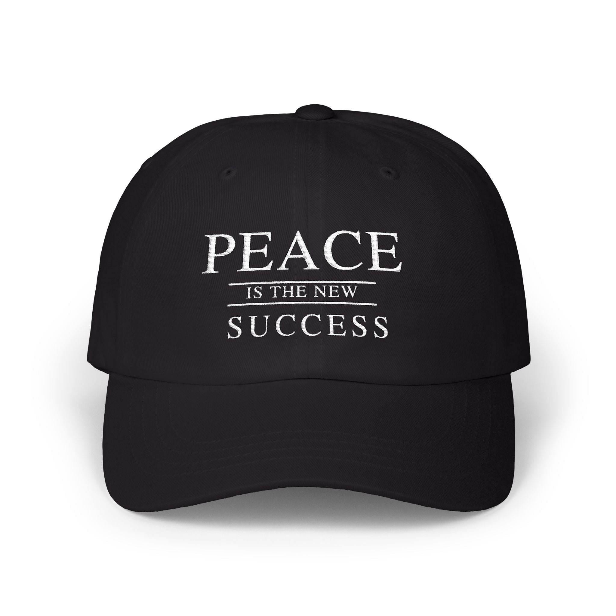 Black embroidered "Peace Is the New Success" cap front view on white background by Relatable Designs