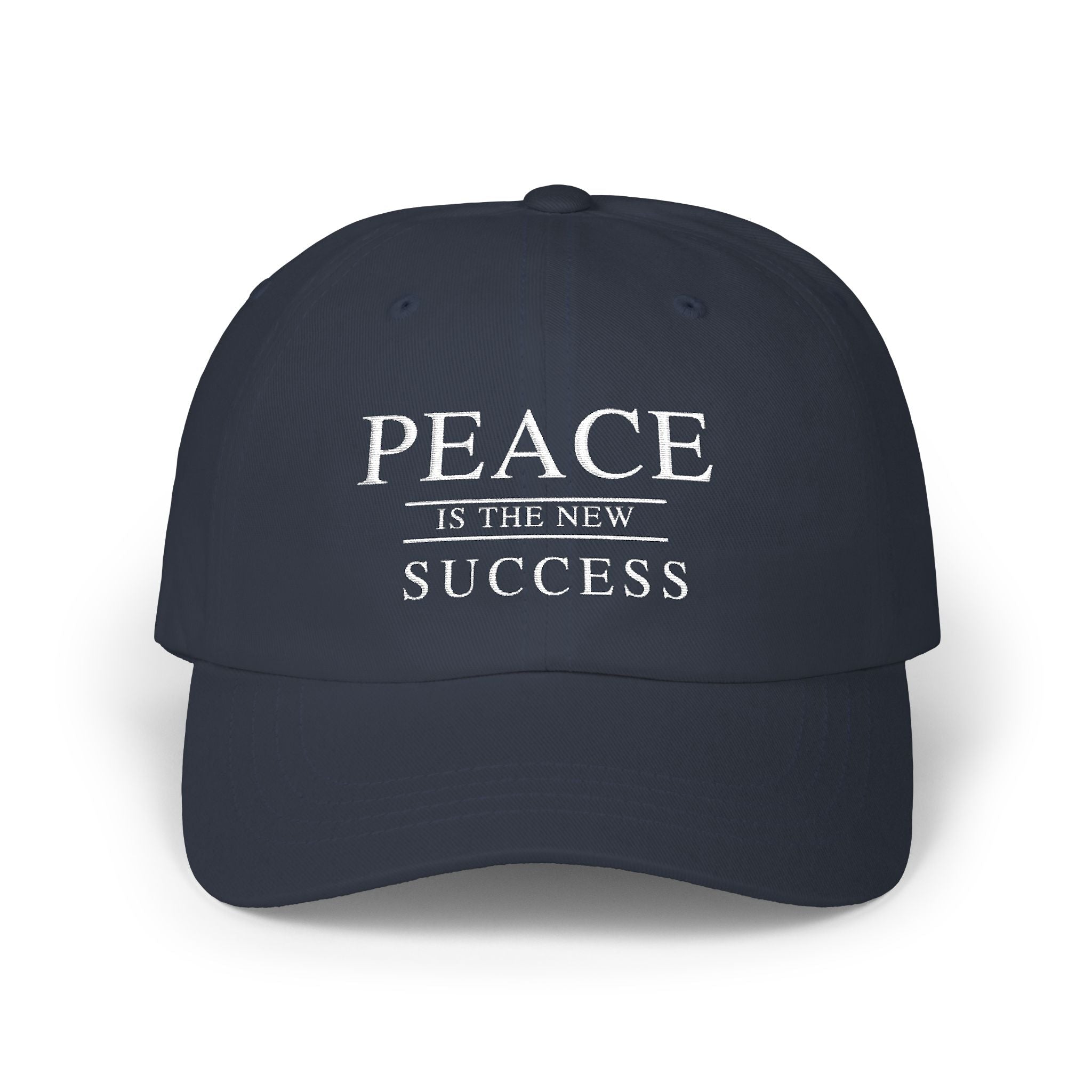 Blue embroidered Peace Is The New Success cap front view with minimalist design