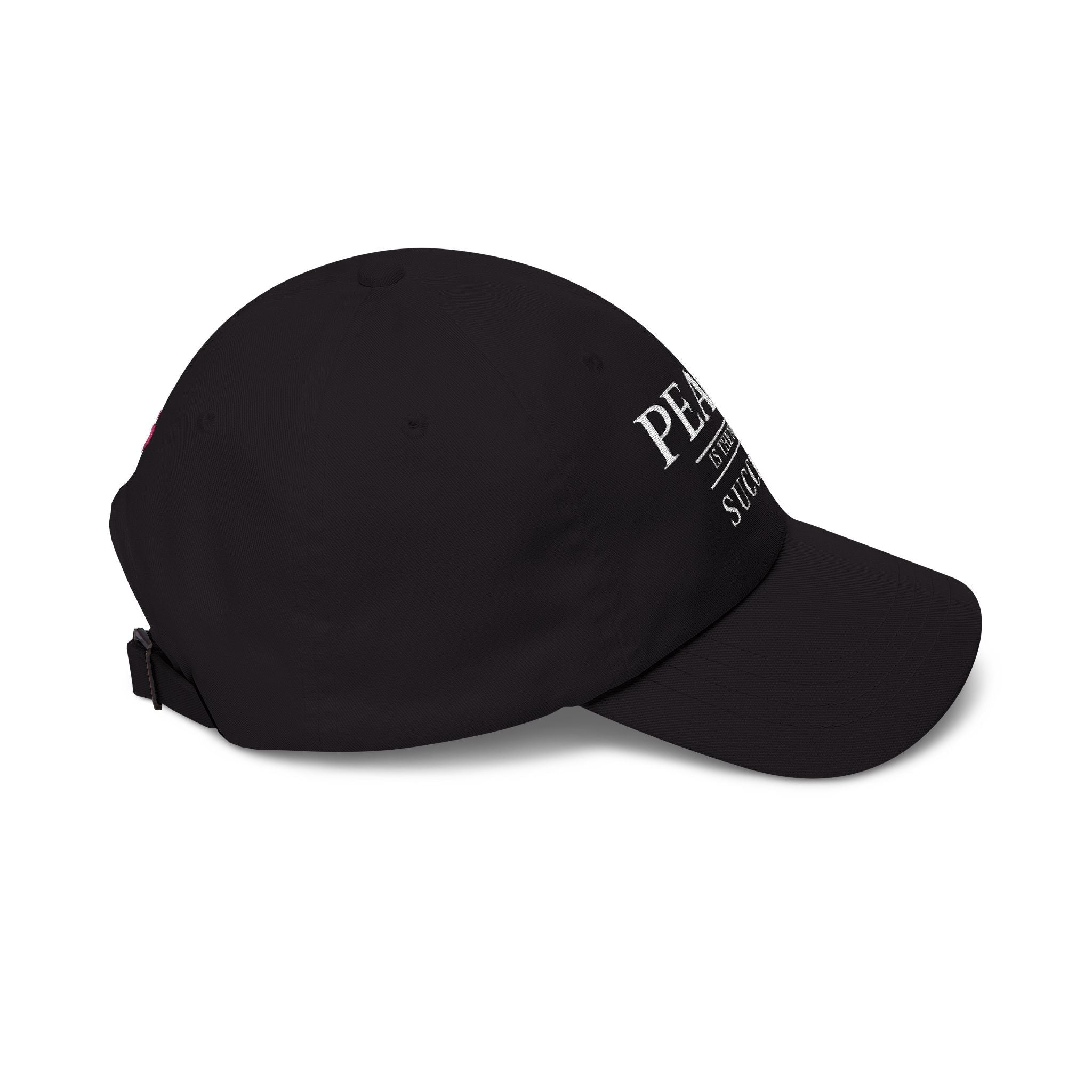 Side profile of black embroidered cap with curved brim