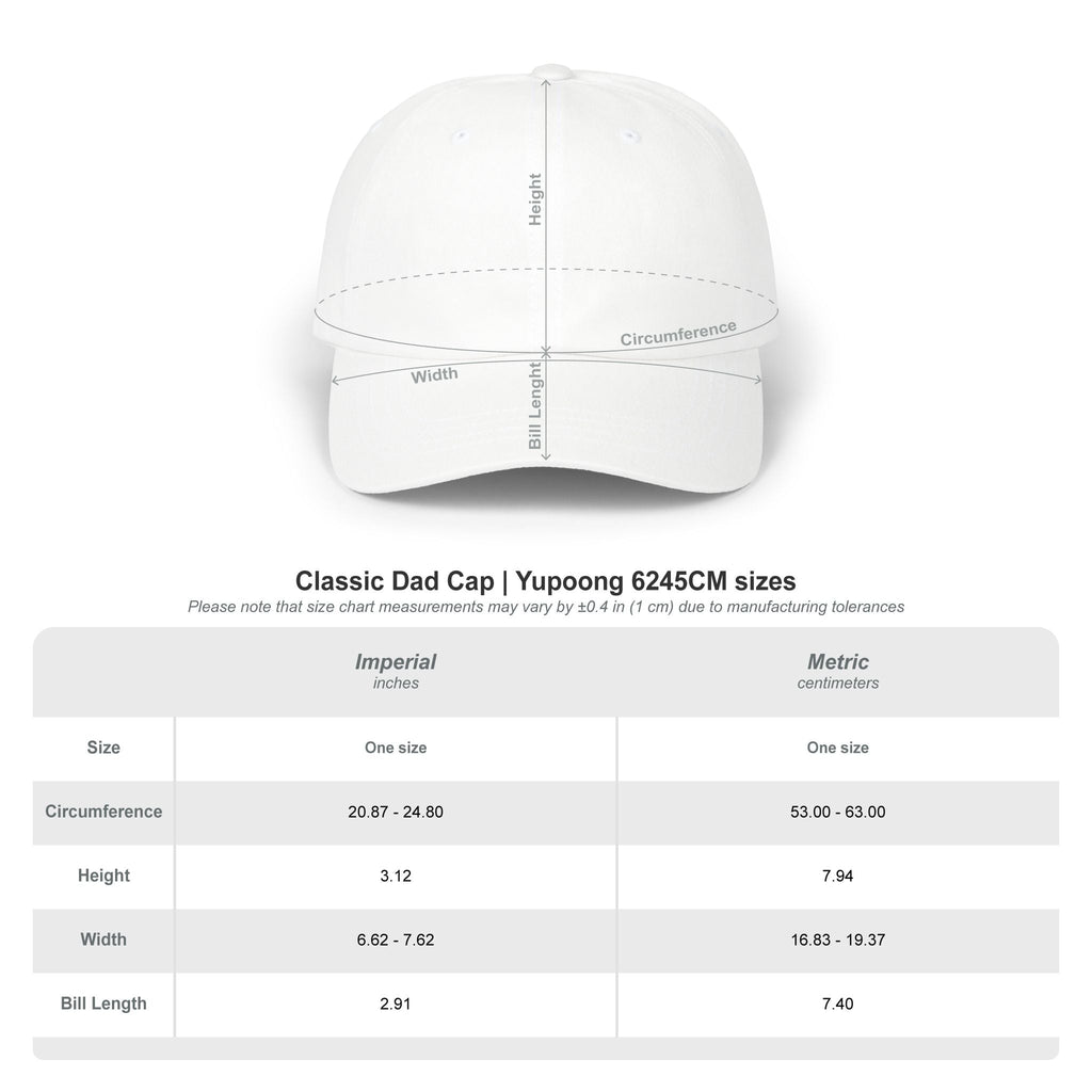 White Peace Is Success cap with measurement chart on a white background