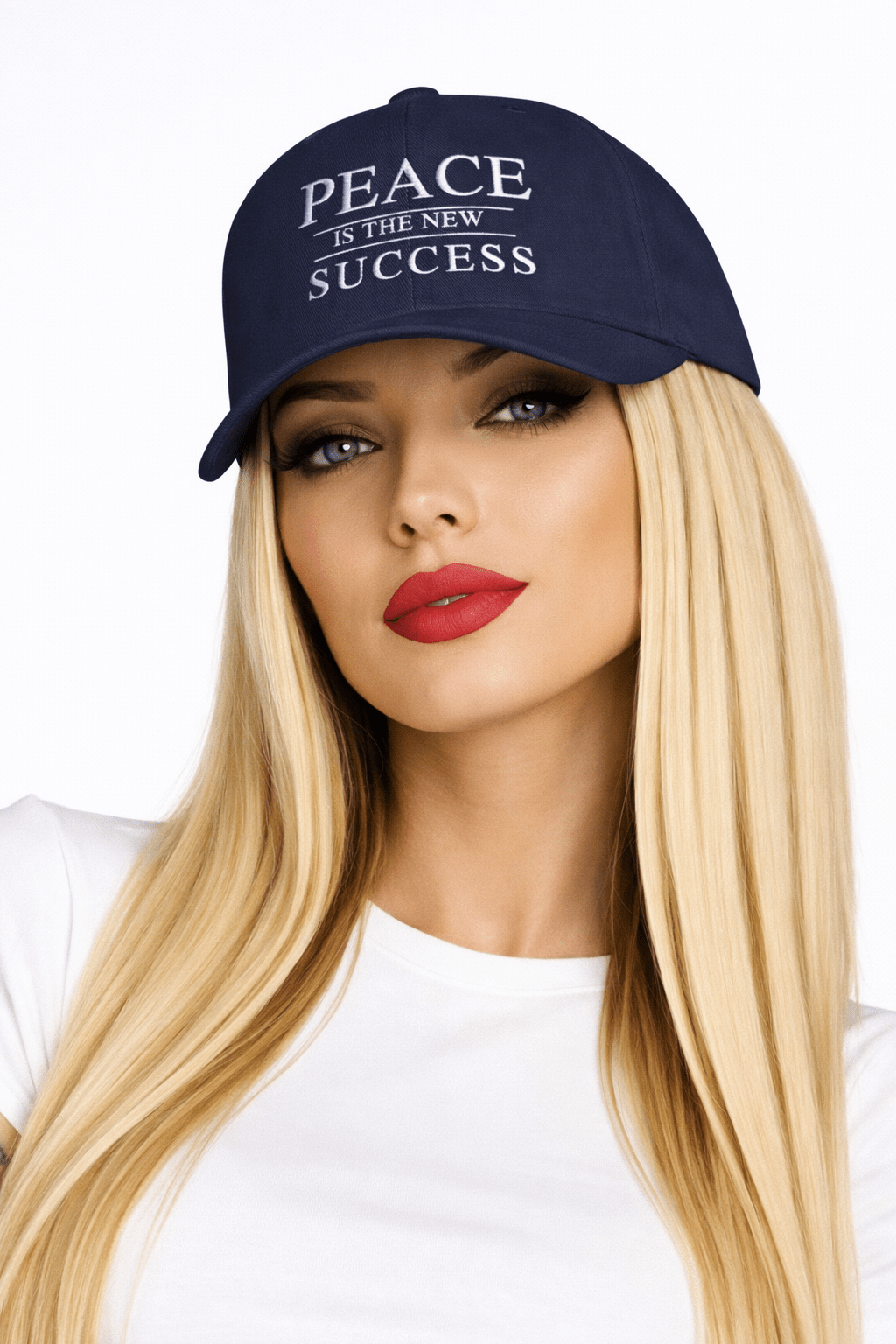 Close-up of embroidered navy blue cap with text Peace Is the New Success on cap