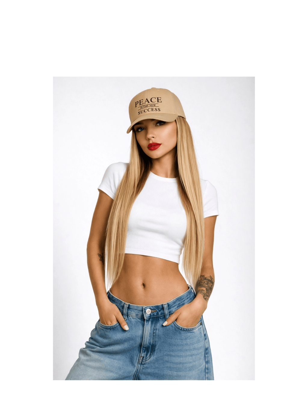 Female model wearing khaki Peace statement cap with neutral outfit