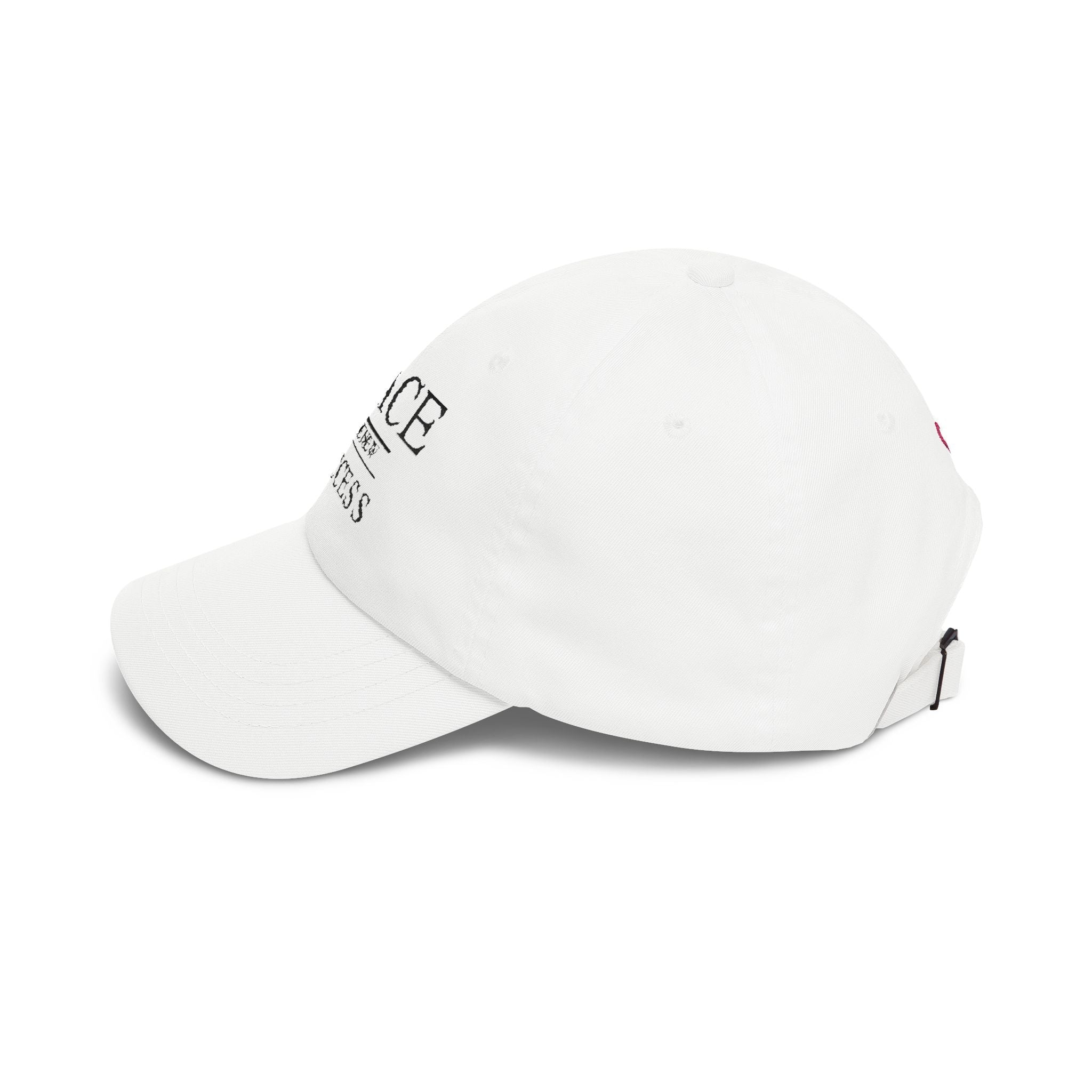 Side profile of white embroidered cap with curved brim