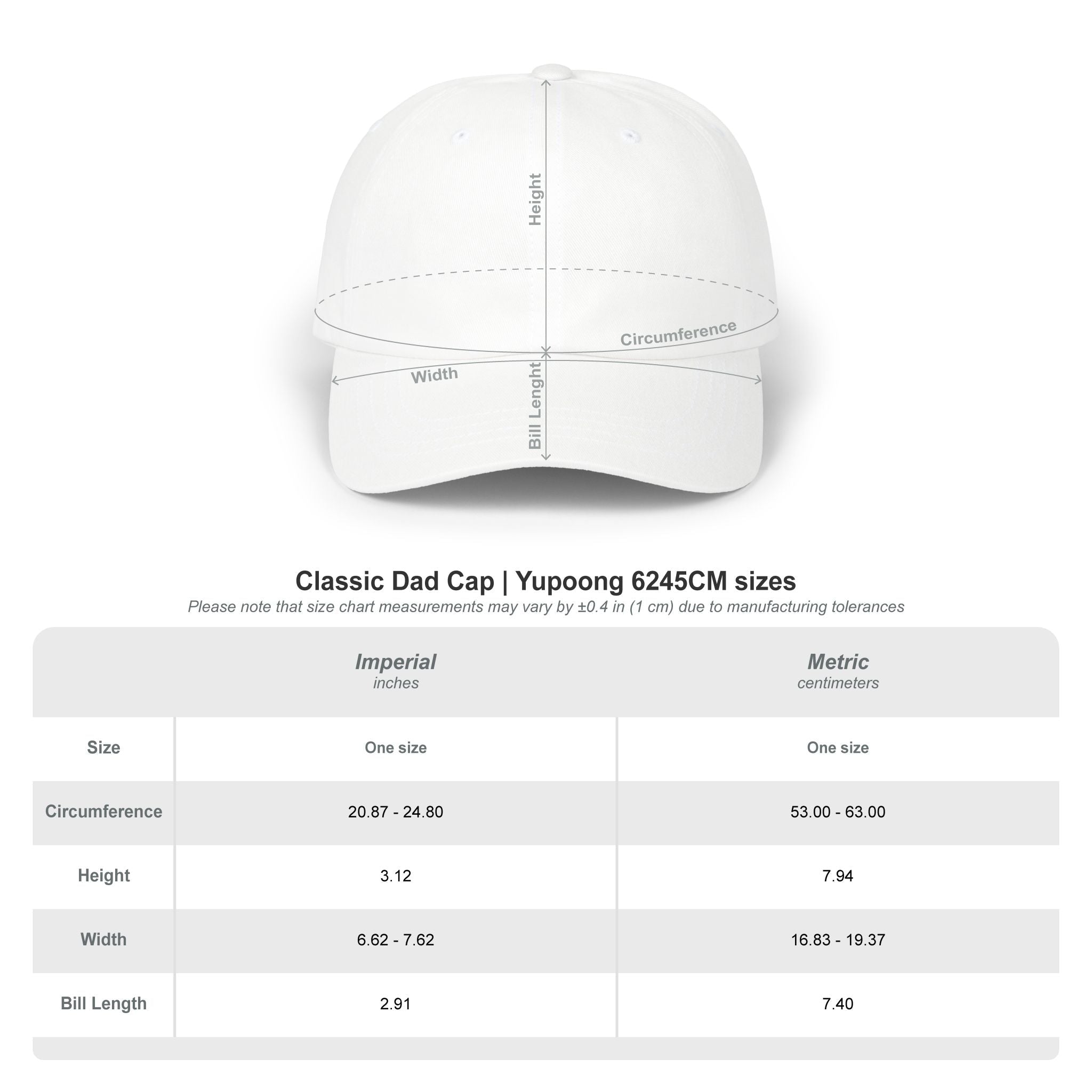 White cap with measurement chart on a white background for colors white and color khaki cap for Peace is the New Success design