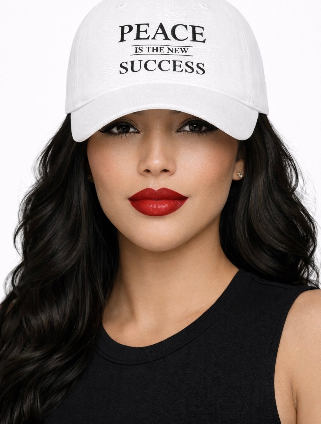 Female model wearing white Peace Is the New Success cap with red lipstick