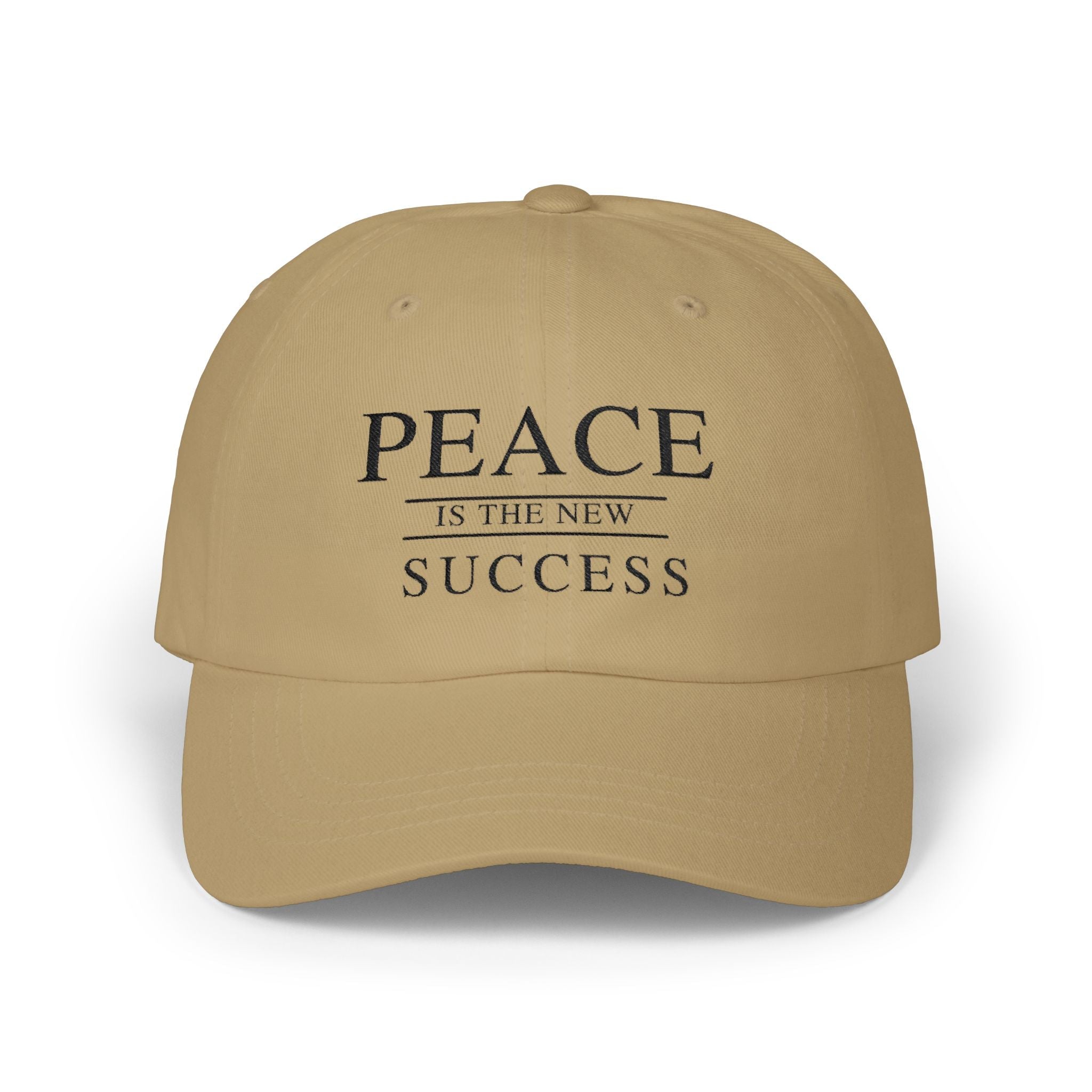 Khaki embroidered Peace Is the New Success cap front view with minimalist design