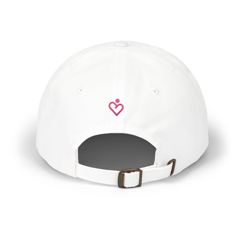Back view of white adjustable embroidered cap showing strap detail