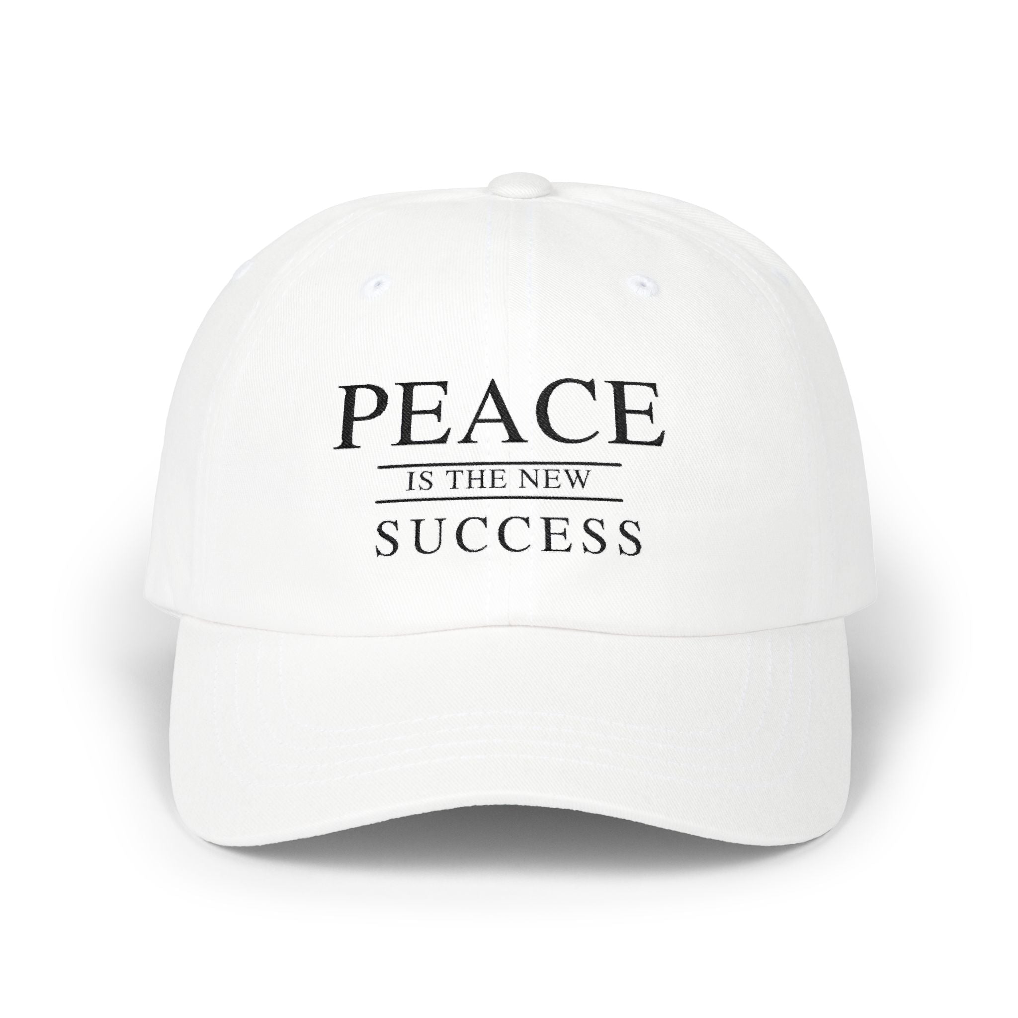White embroidered "Peace Is The New Success" cap front view on white background