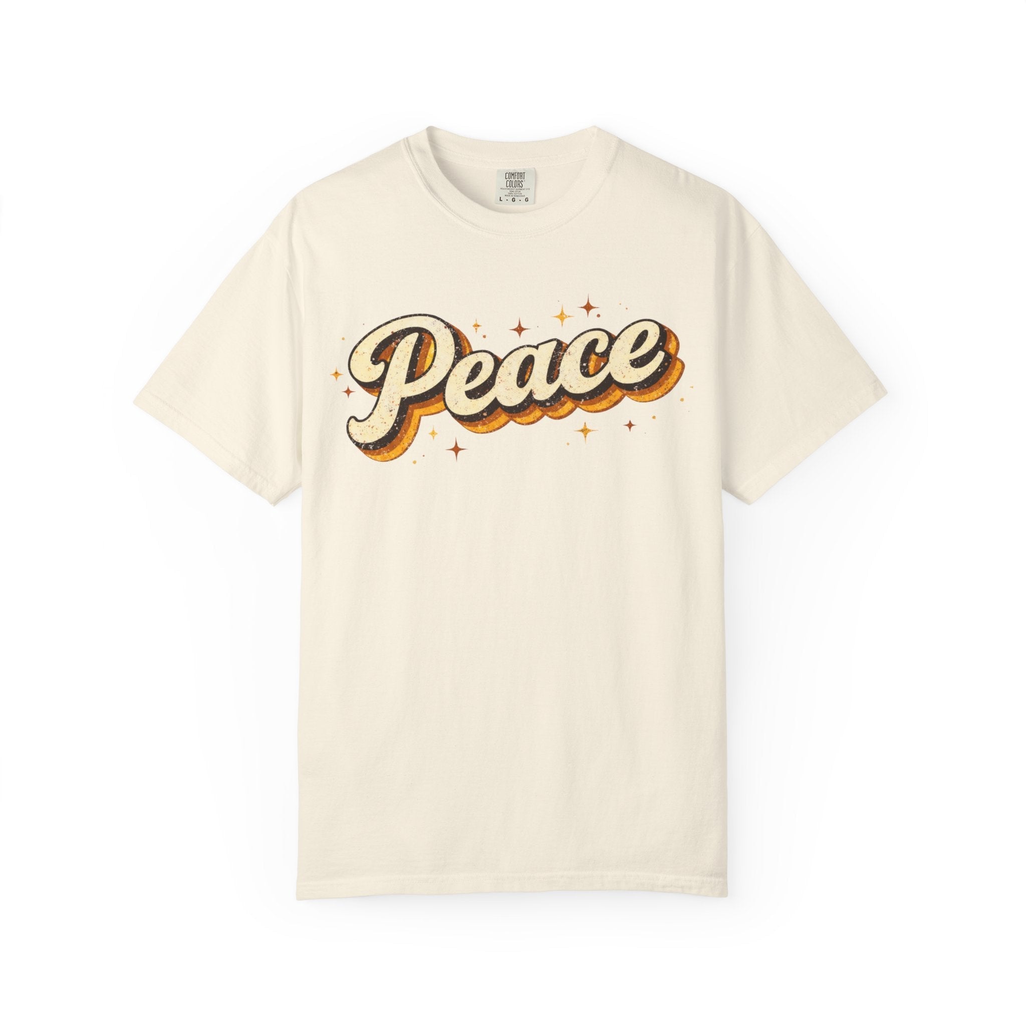 Beige t-shirt with 'Peace' text on a white background by Relatable Designs