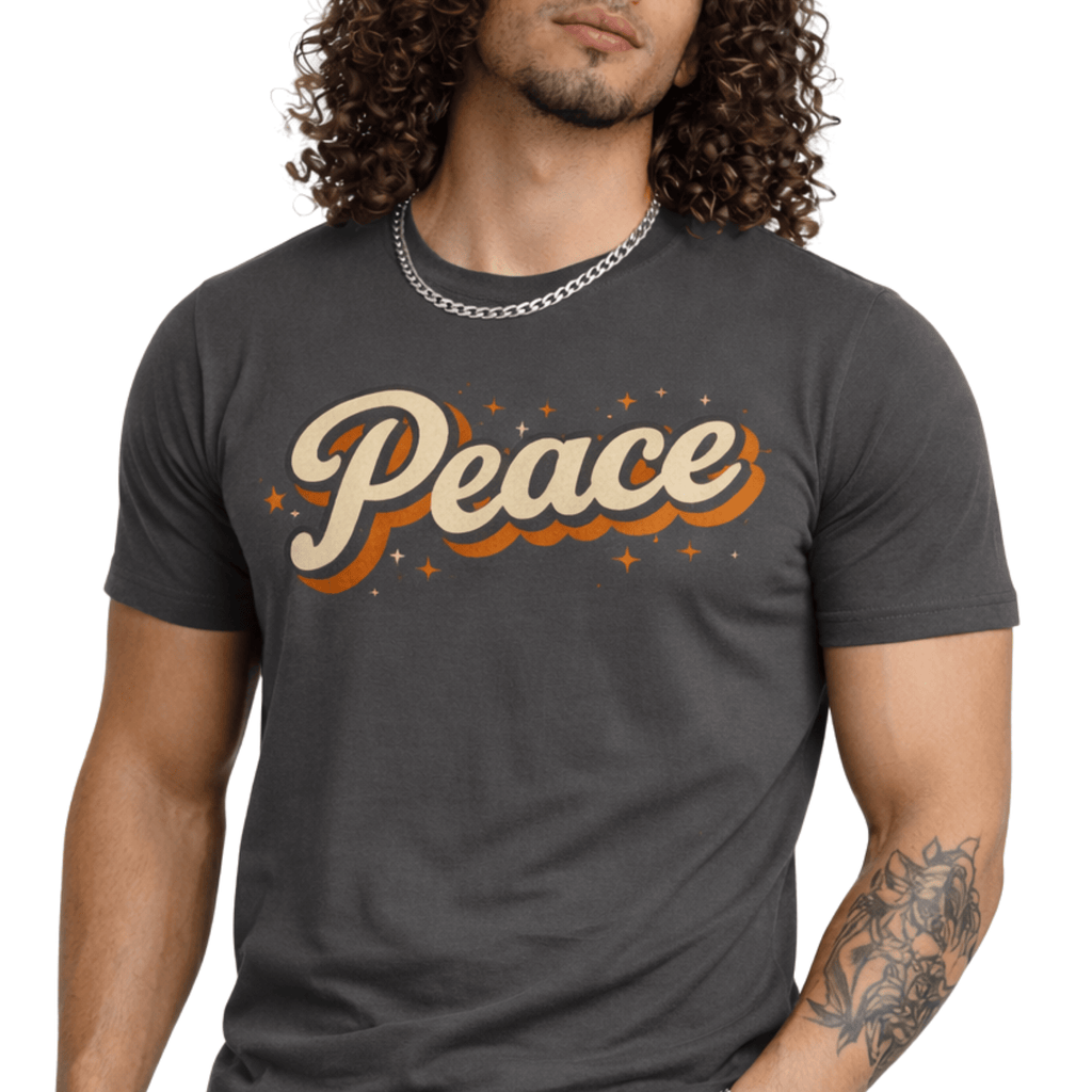 Male model wearing a gray t-shirt with 'Peace' printed on it against a white background
