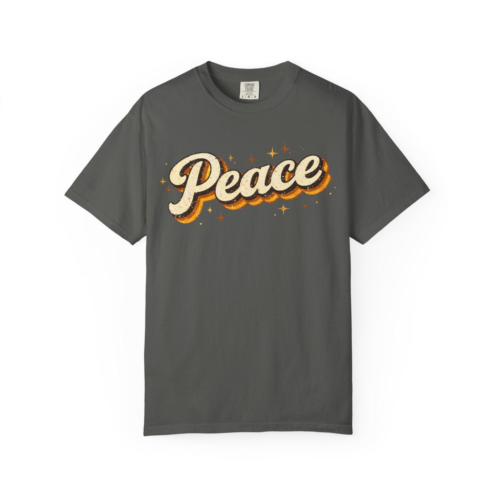 Gray t-shirt with 'Peace' text on a white background