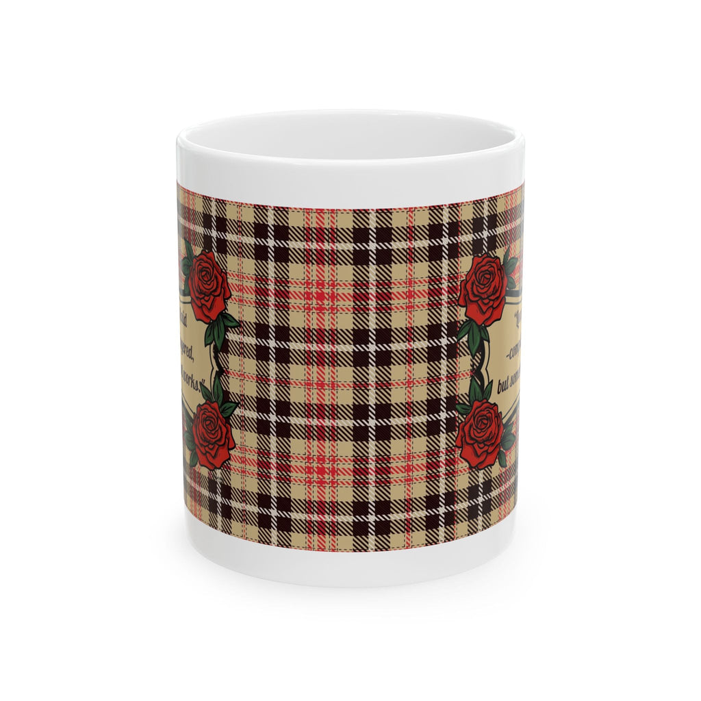 White mug with plaid pattern and red roses on a white background - front view