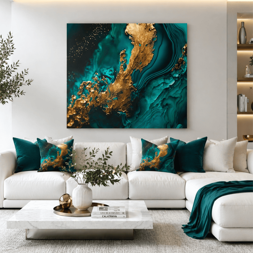 Modern living room with a creme sofa, decorative statement pillows, with matching large abstract painting on the wall.