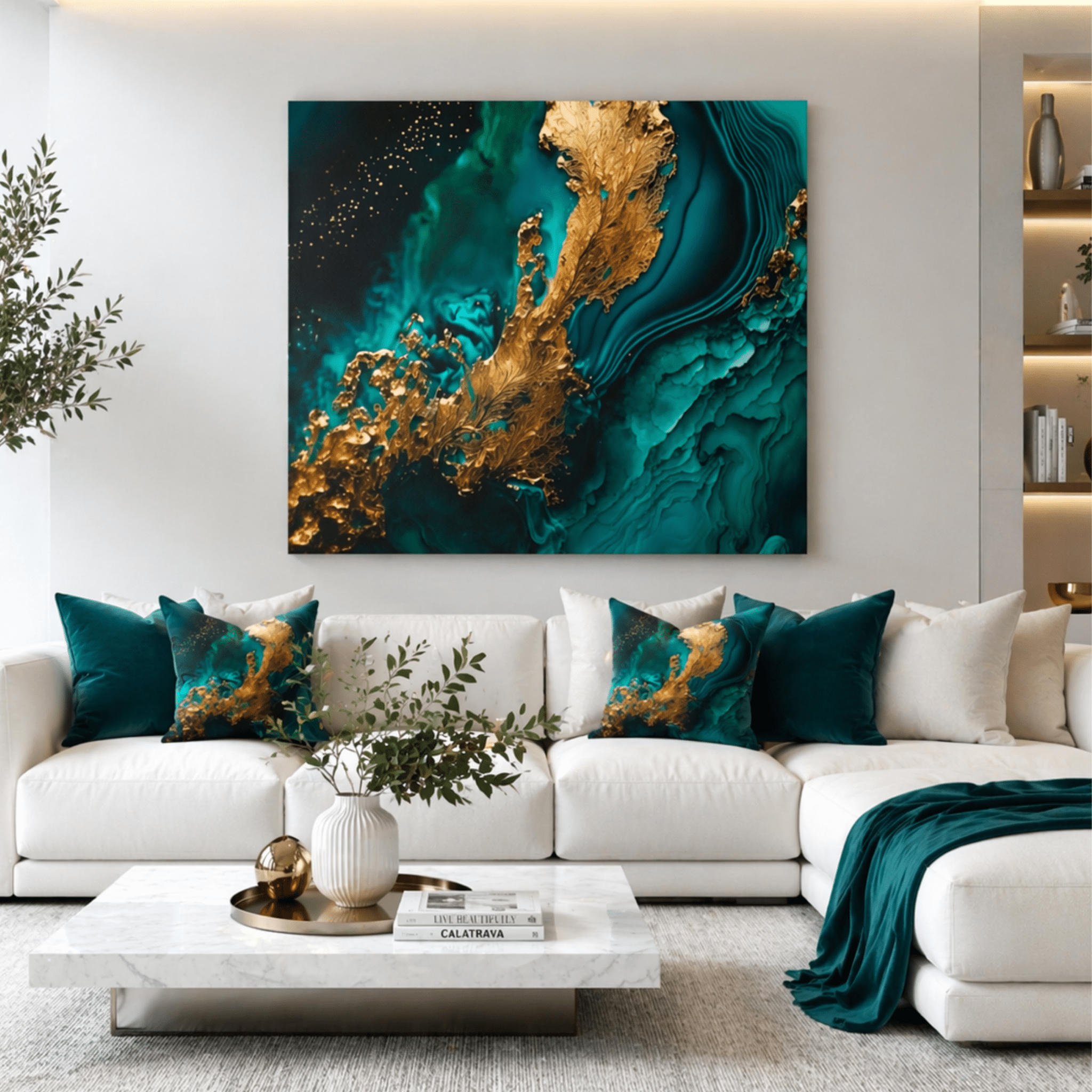 Modern living room with a creme sofa, decorative statement pillows, with matching large abstract painting on the wall.