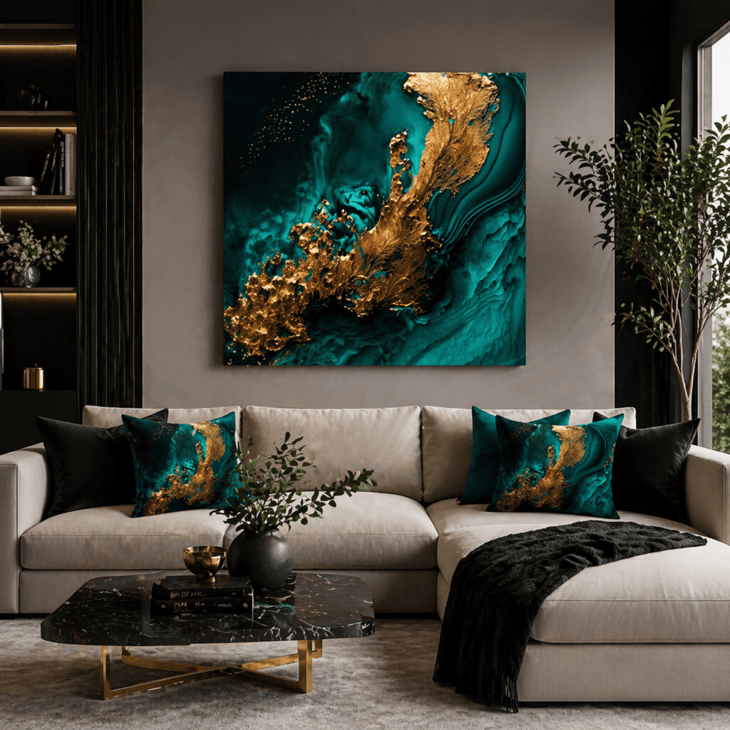 Luxury abstract wall art in green and gold tones styled in an upscale contemporary interior