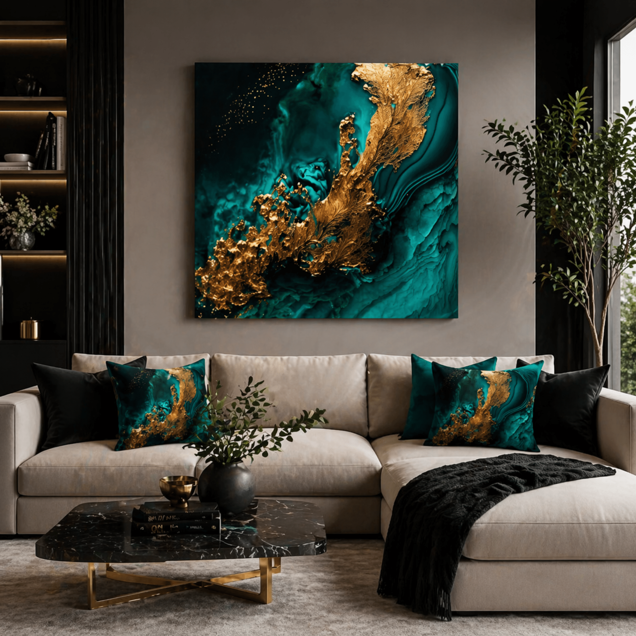 Luxury abstract wall art in green and gold tones styled in an upscale contemporary interior
