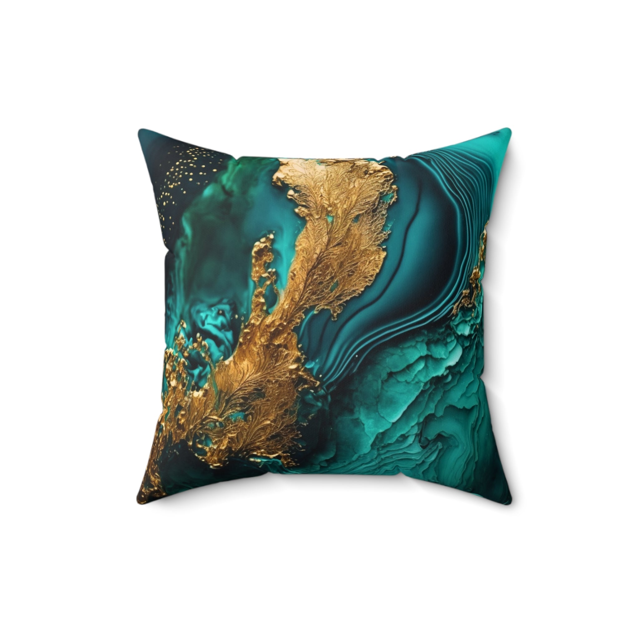 Decorative pillow with green and gold abstract design on a white background
