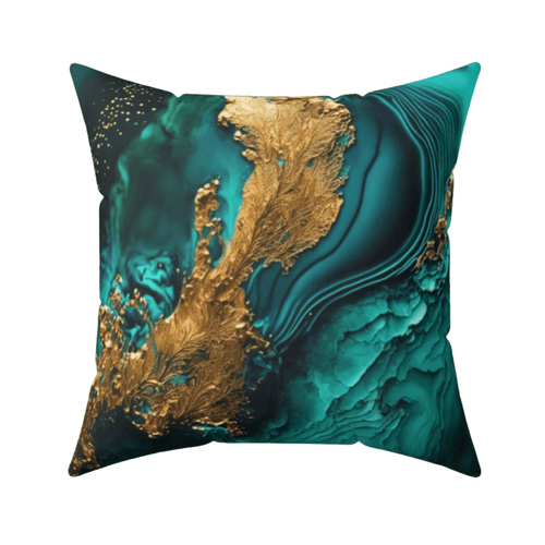 Decorative abstract pillow with emerald and gold abstract design on a white background by Relatable Designs.