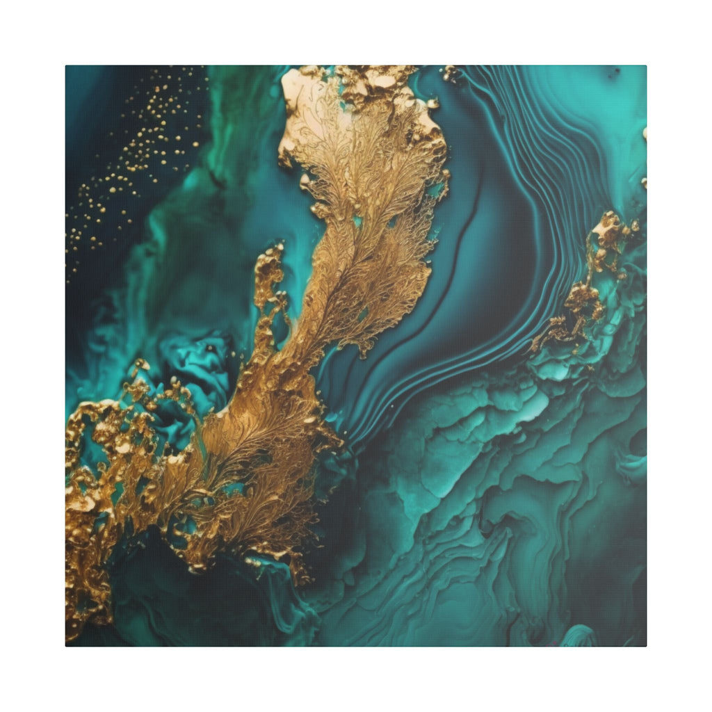 Emerald and gold abstract wall art on satin canvas with flowing modern design and luxury aesthetic by Relatable Designs.