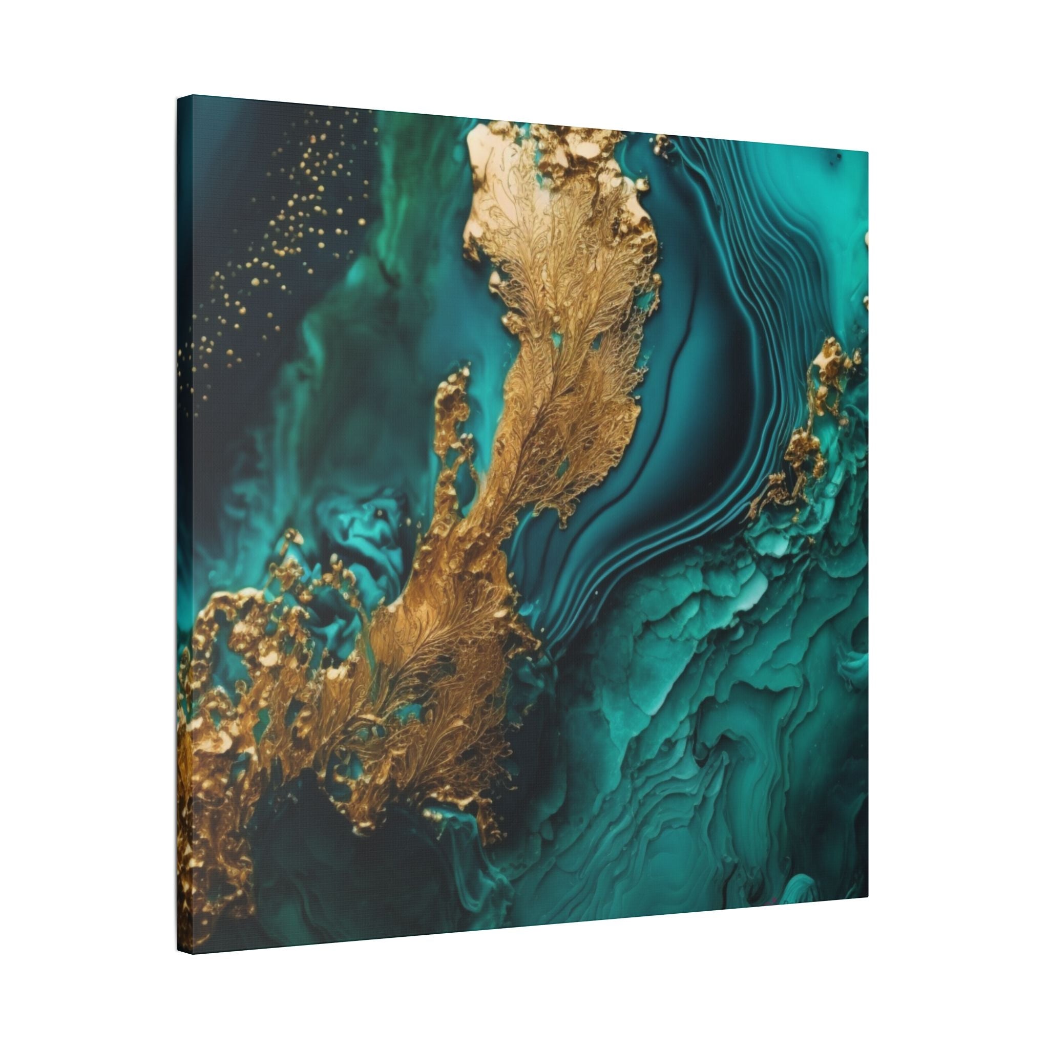 Detailed emerald and gold abstract pattern with flowing textures on satin canvas wall art.