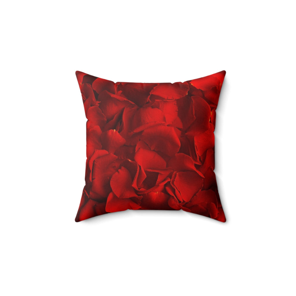 Red faux suede rose pillow with a textured pattern on a white background