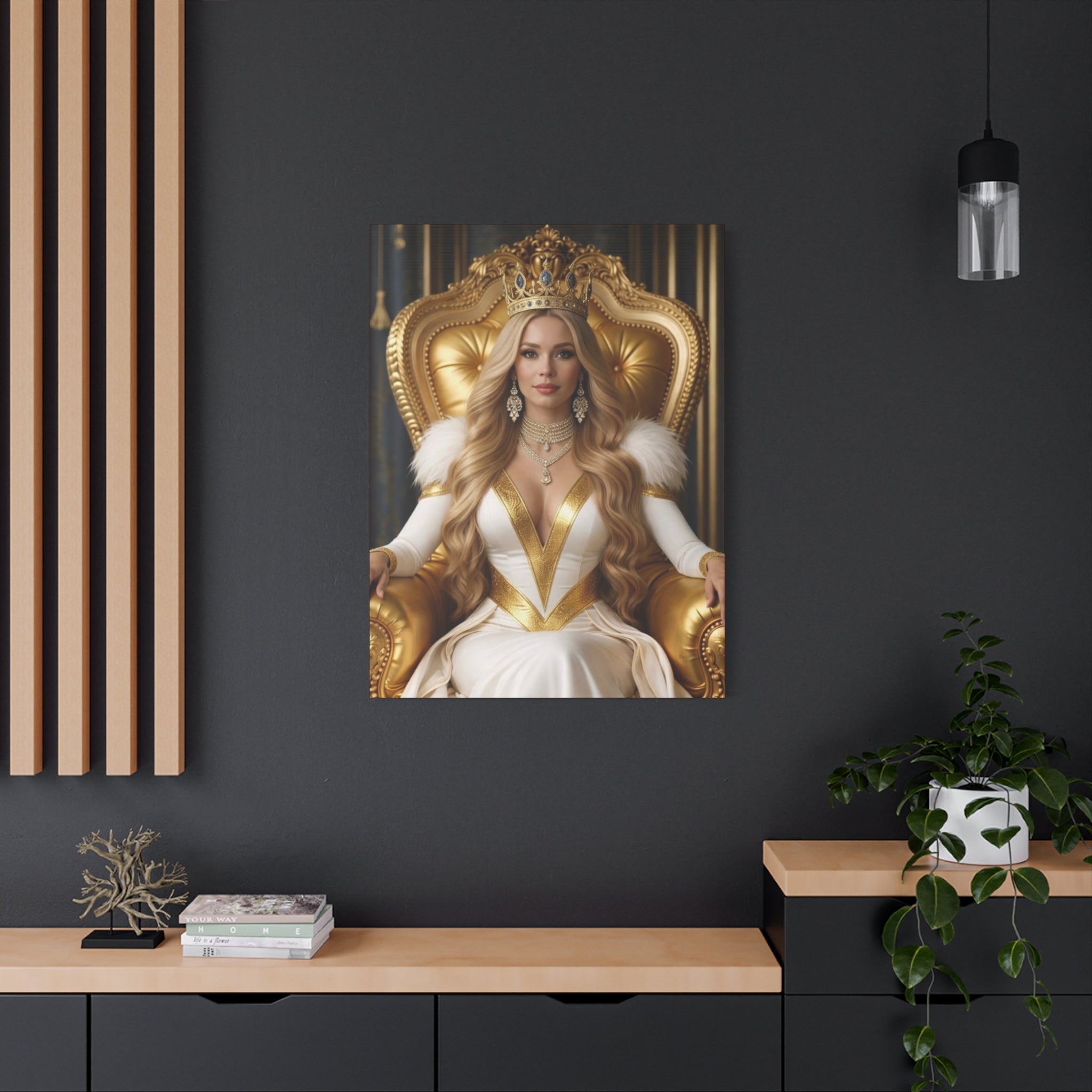 Canvas Portrait of a woman in a white and gold outfit with a crown on a dark wall. Portrait entitled Regal Grace.