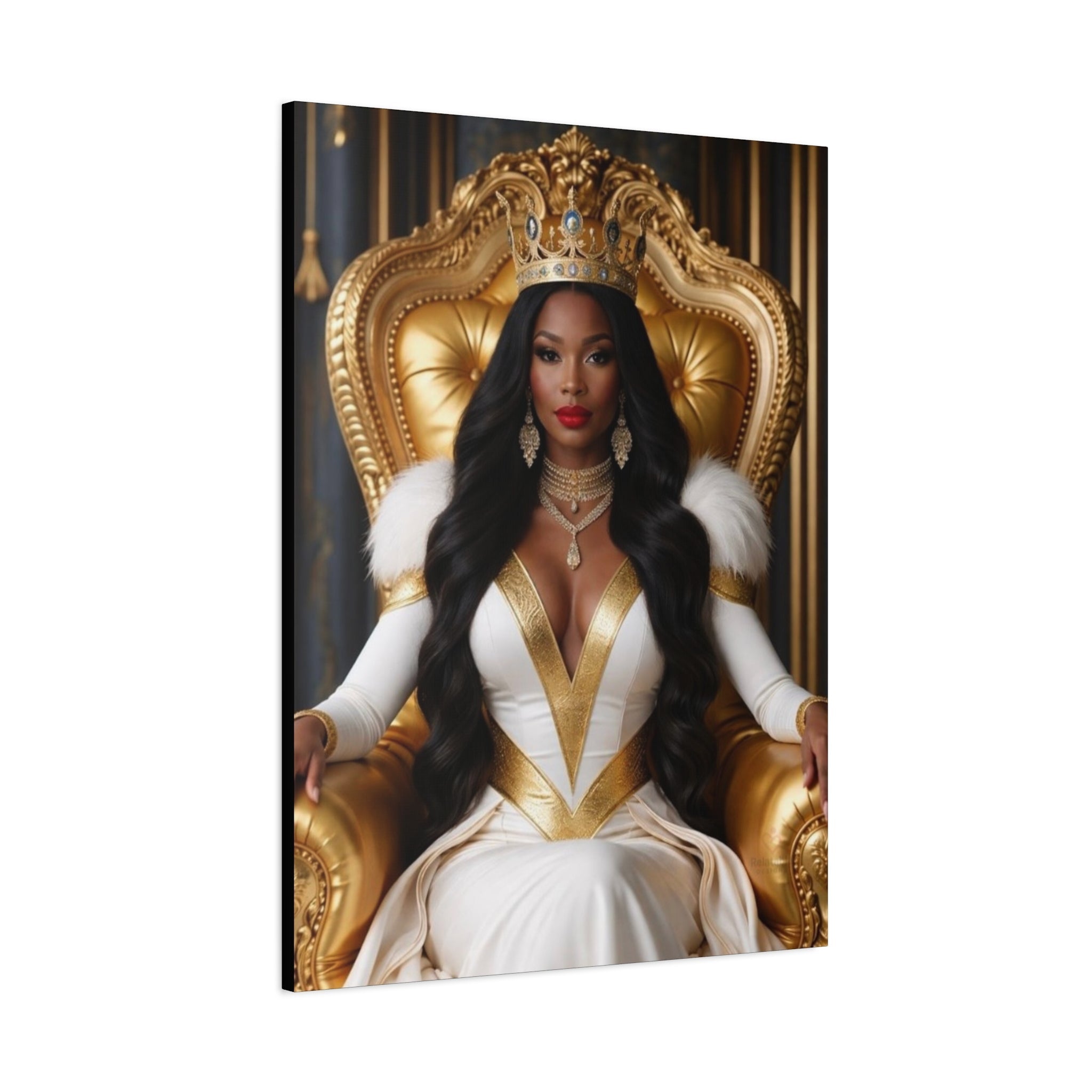 Side view of woman in a white and gold dress with a crown on a gold throne.