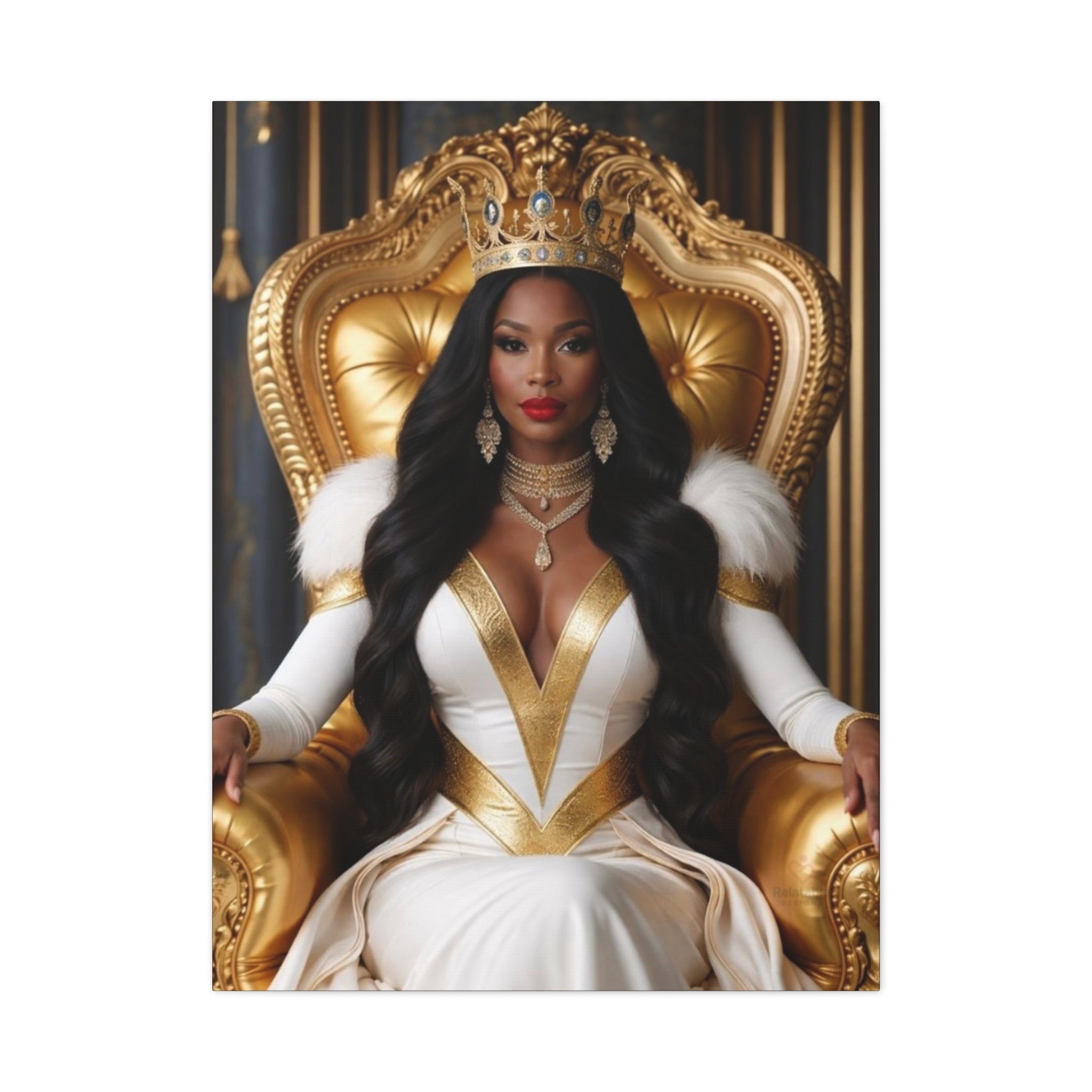 Wall art portrait of regal woman seated on ornate throne representing sovereignty by Relatable Designs
