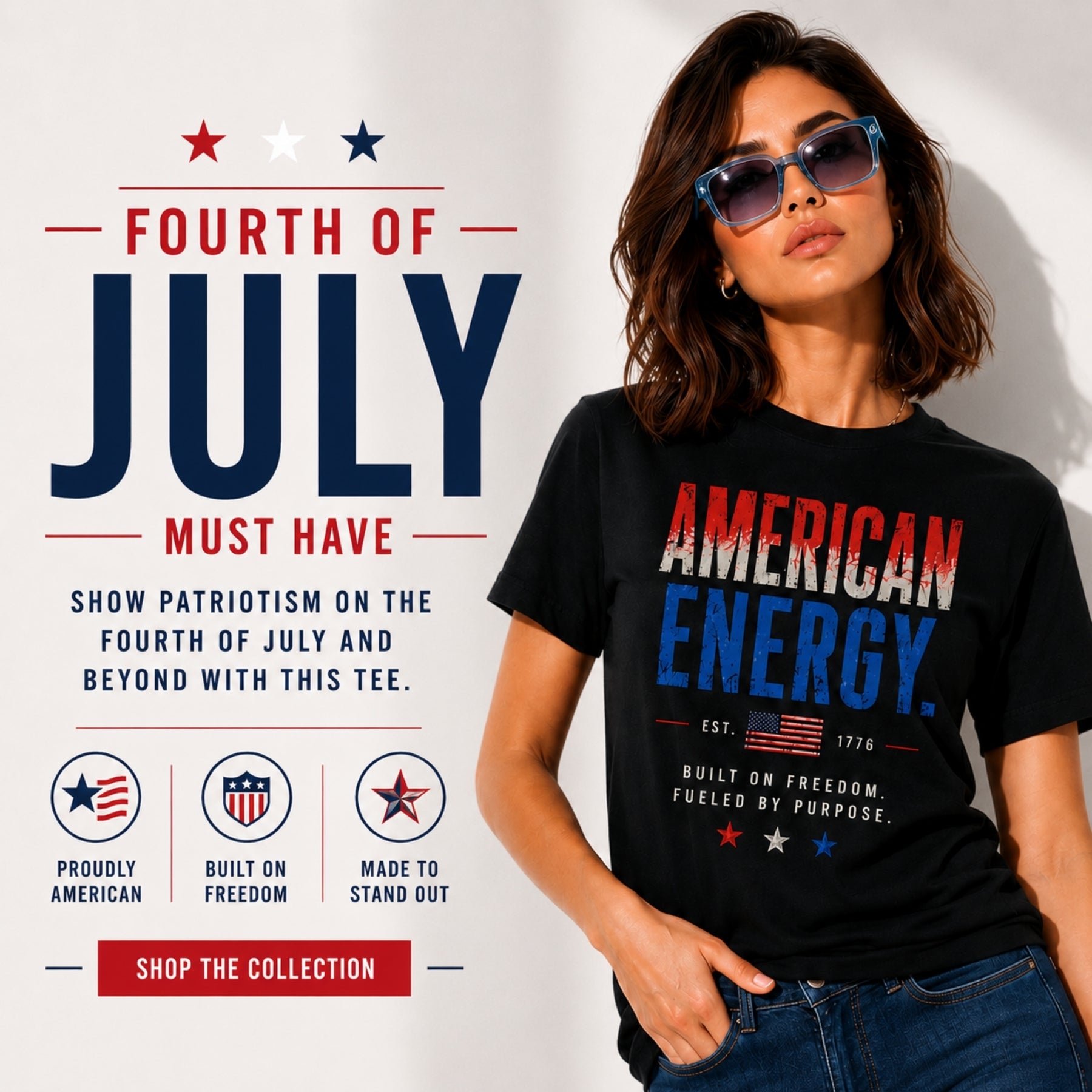 American Energy patriotic graphic t-shirt from Relatable Designs featuring red, white, and blue Fourth of July apparel celebrating American pride and freedom.