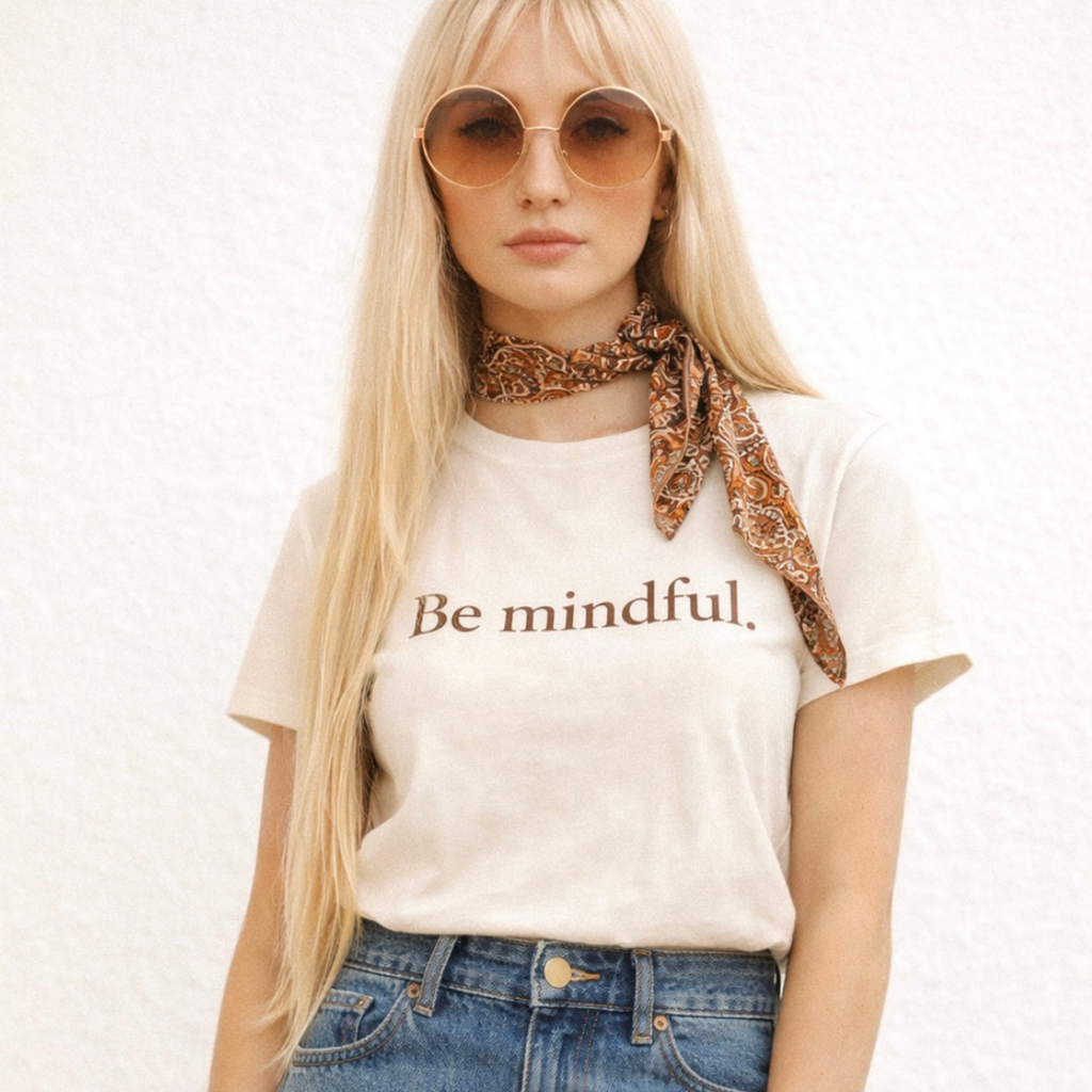 Woman wearing a 'Be mindful' t-shirt with sunglasses and a scarf on a white background by Relatable Designs