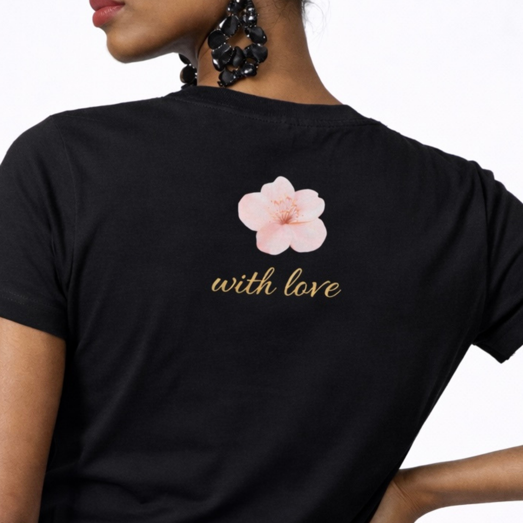 Black t-shirt with a pink flower and 'with love' text on a white background