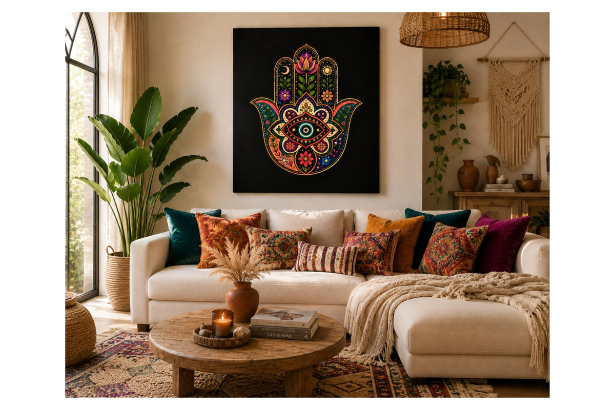Colorful Hamsa hand wall art displayed in a warm bohemian-style living room with plants and patterned pillows